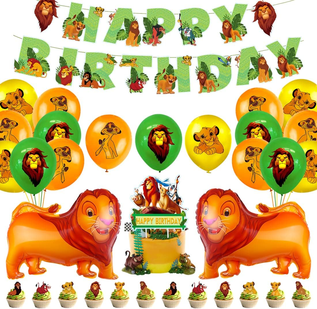 Tydeus Birthday Balloons Lion, 48-Piece Jungle Kit: 18 Cartoon Latex (6 Yellow, 6 Orange, 6 Green), 2 Foil Lion Balloons, 1 Banner, 24 Cake Decorations, Ribbon, Straw