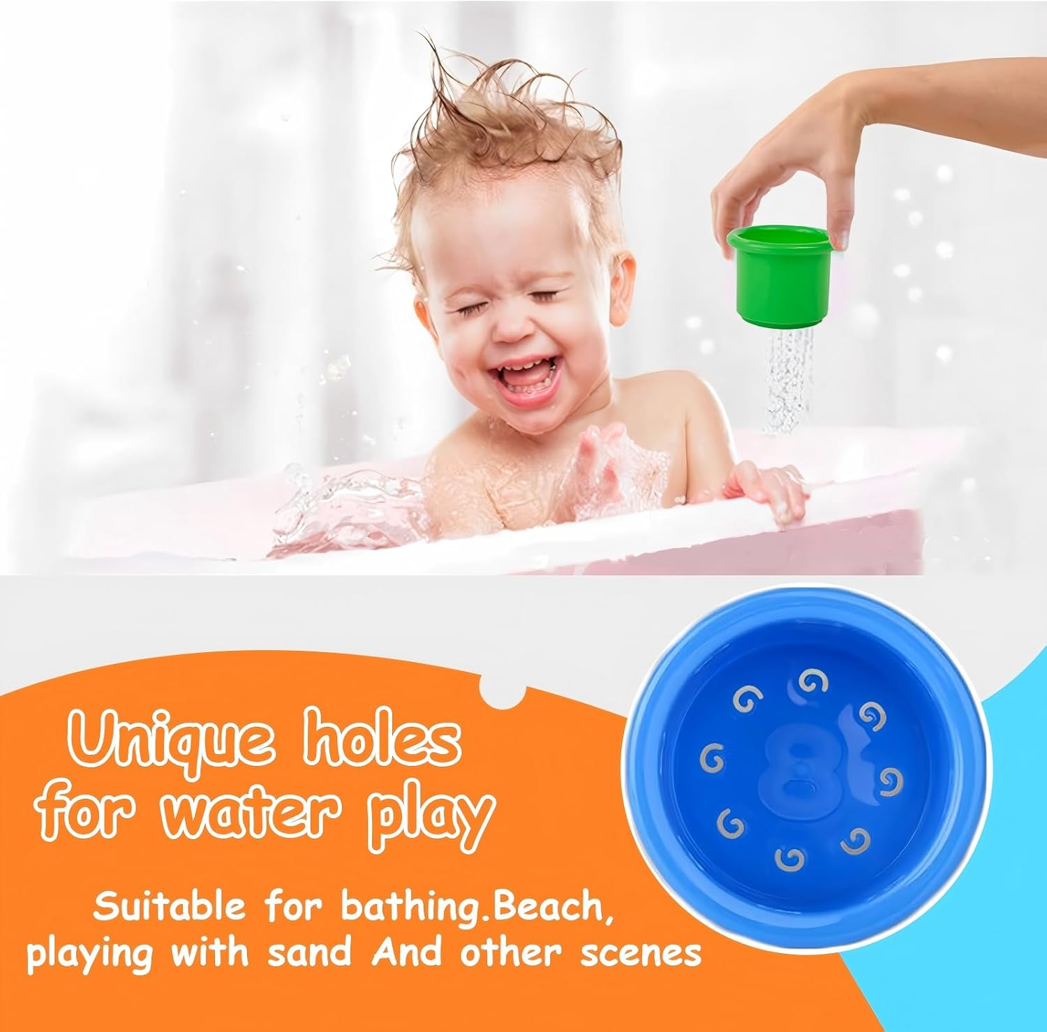 Stacking Cups, Baby Toys for Toddlers 1-3 Year Old Stack and Count, Multicolour Baby Stacking Water Set, Stackable Cup for Learning, Toddler Cups Water Table Toy, Baby Bath Toy (8 Count) image number 4