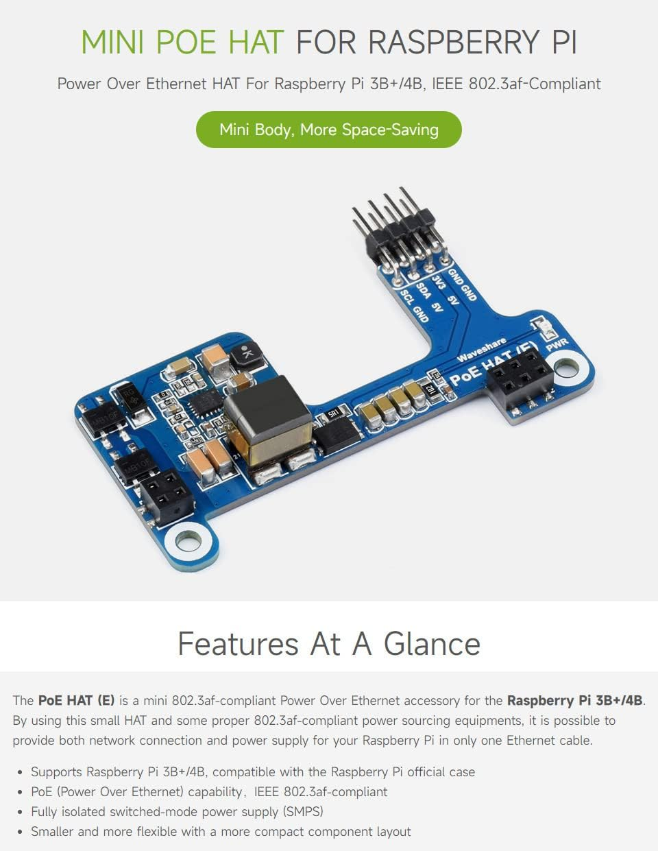 Waveshare POE Hat,Power over Ethernet HAT Type E Compatible with Raspberry Pi 3B+/4B 802.3Af-Compliant, Mini Body, More Space-Saving image number 5