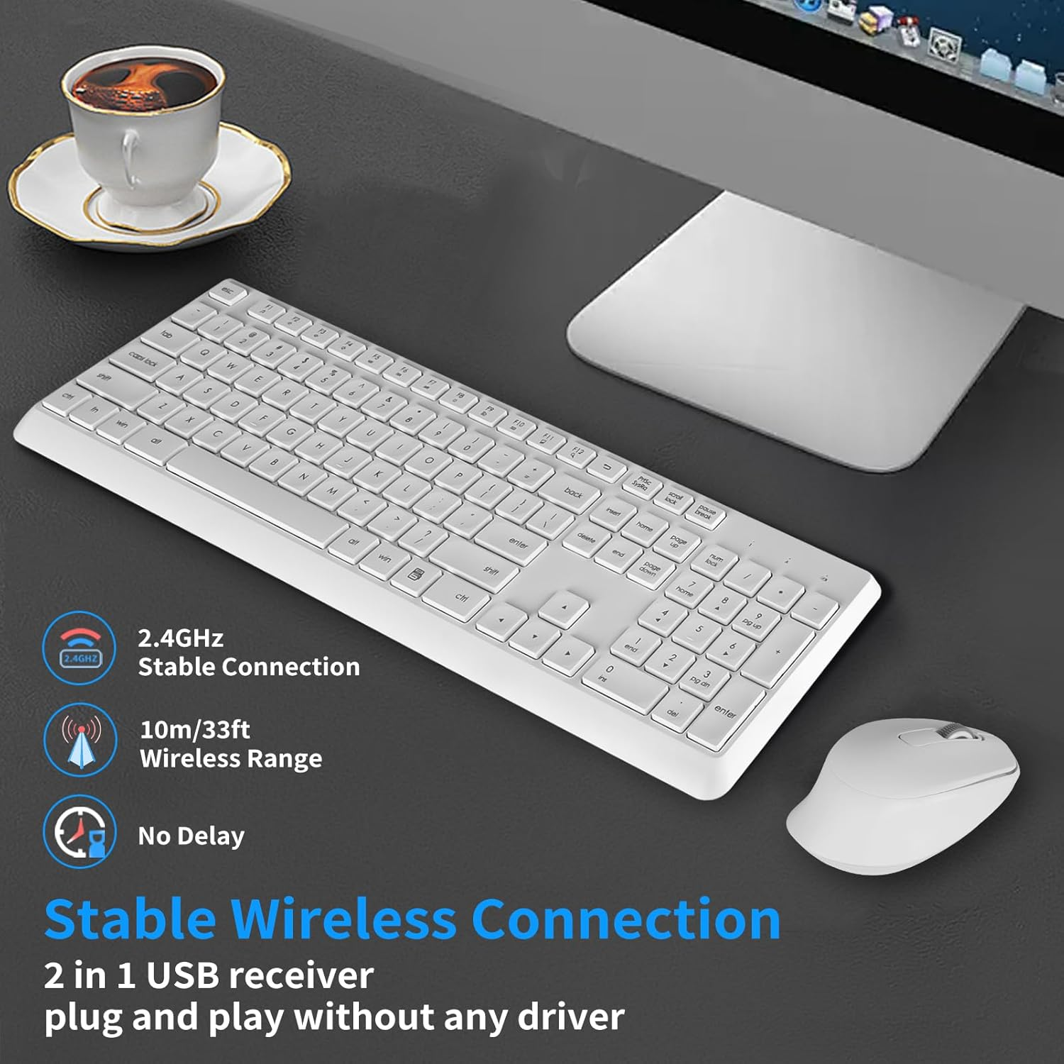 HUO JI Wireless Keyboard and Mouse Combo for Windows Mac, Quiet and Soft, 2.4G Full-Size Computer Keyboard and Ergonomic Wireless Mouse, Long Battery Life 12 Months Battery, White - White image number 5