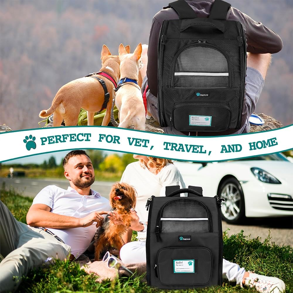 Petami Deluxe Pet Carrier Backpack for Small Cats and Dogs, Puppies | Ventilated Design, Two-Sided Entry, Safety Features and Cushion Back Support | for Travel, Hiking, Outdoor Use (Black) - Black image number 6