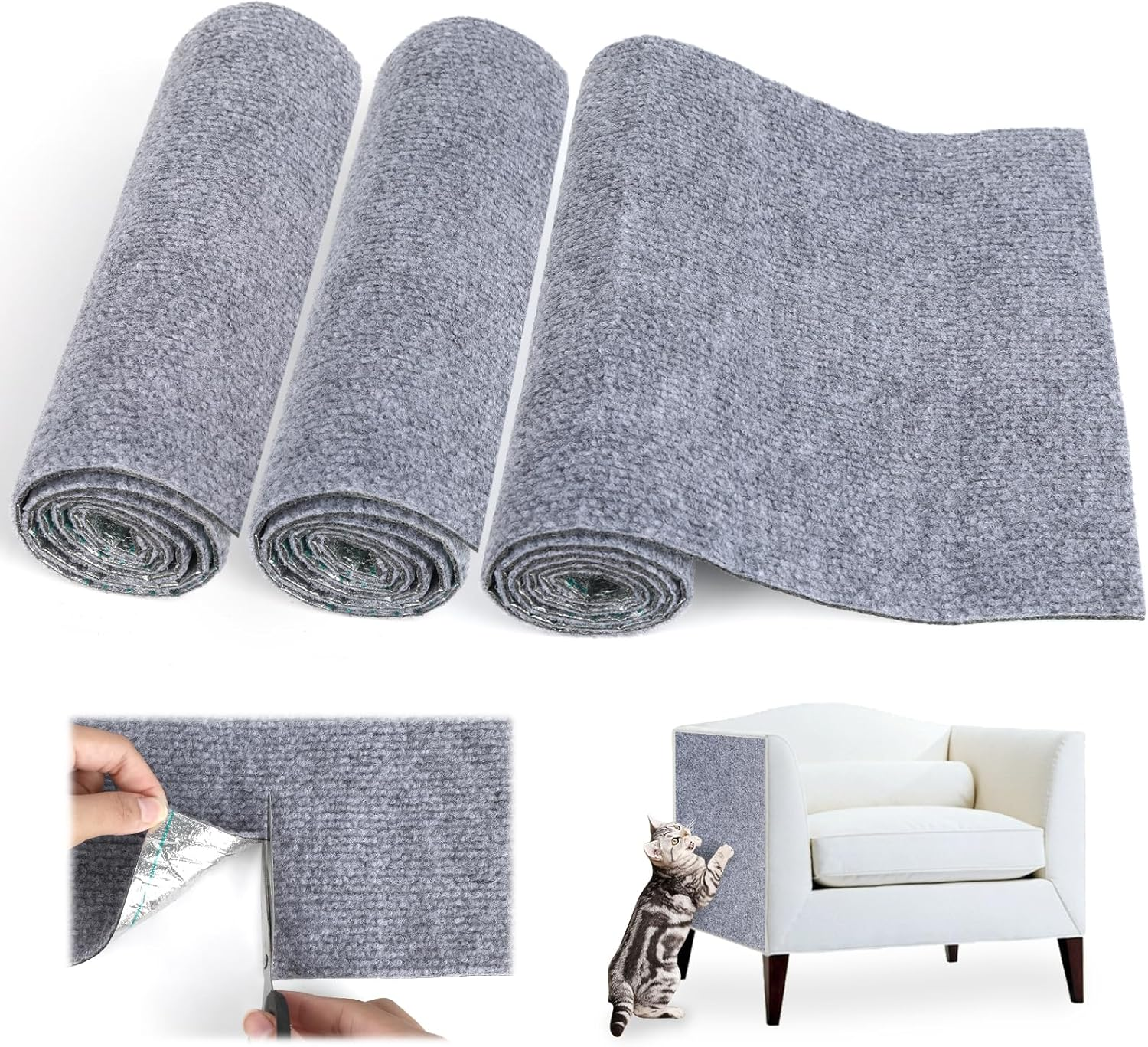 Pack of 3 Self-Adhesive Scratching Mat, Thickened Cuttable Scratch Mat, Cat Scratching Mat, Cat Scratching Mat for Couch Furniture or Wall Protection (Light Grey, 100 X 30 Cm) image number 4