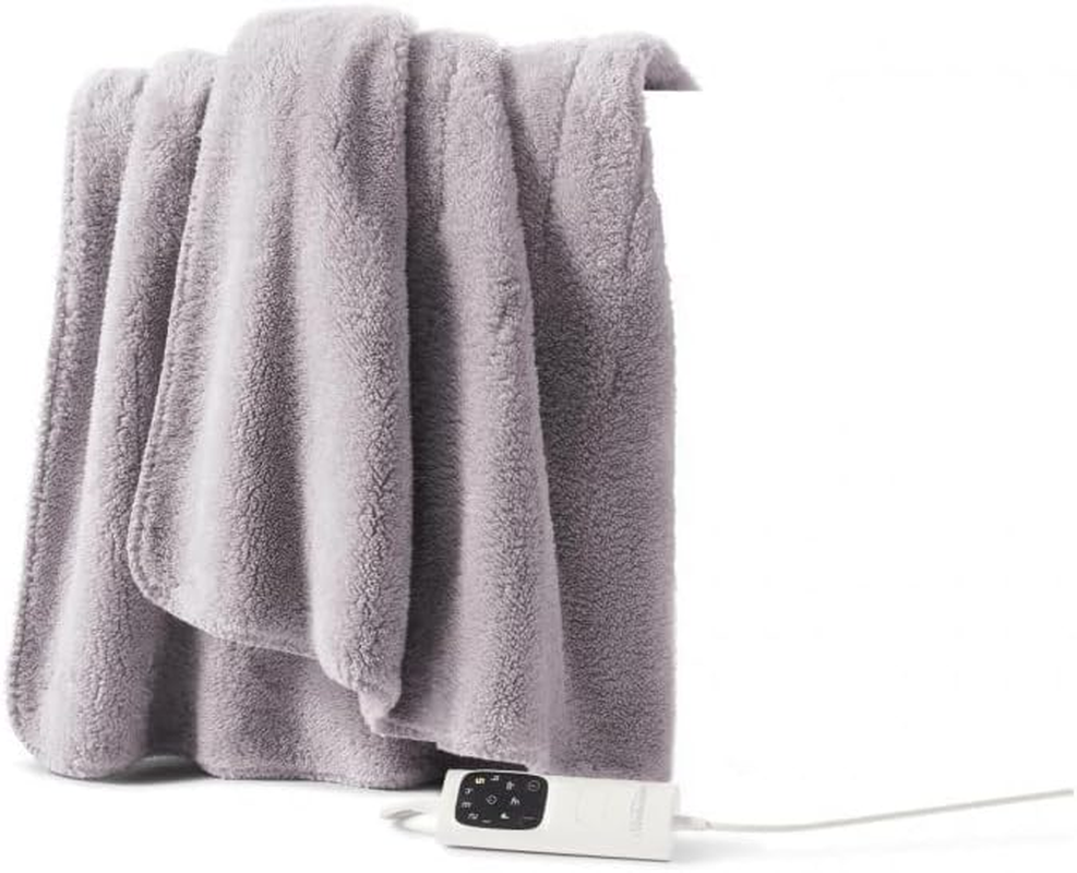 Sunbeam Feel Perfect Sherpa Fleece Heated Throw Blanket Grey, Secure Sleep Protection, 6 Heat Settings, Fast Heat Up, Machine Washable TRF4200 image number 1