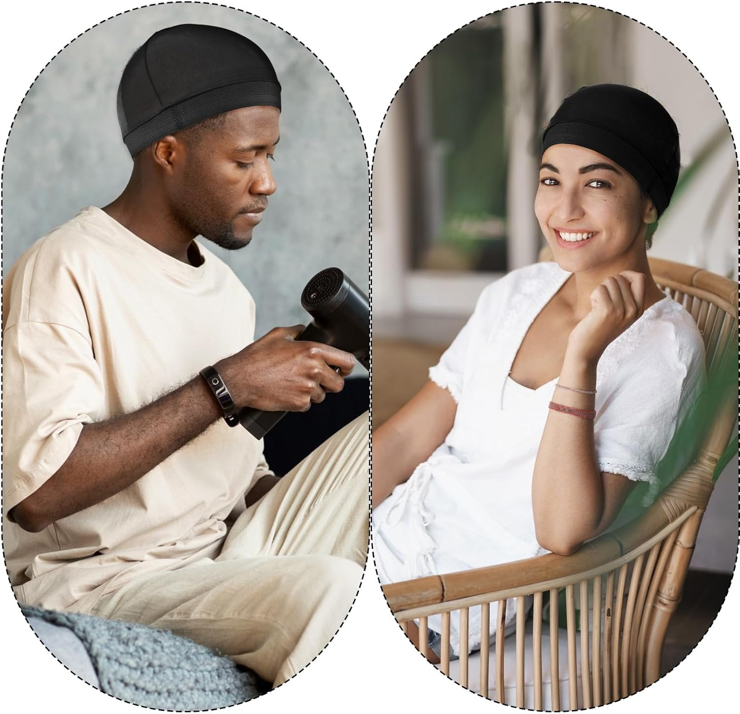 Wanmu Silk Bonnet with Wave Caps, Soft Satin Hair Bonnets & Compression Cap, Elastic Band Sleep Hat for Sleeping Men Women Natural Curly Hair (Black) image number 5