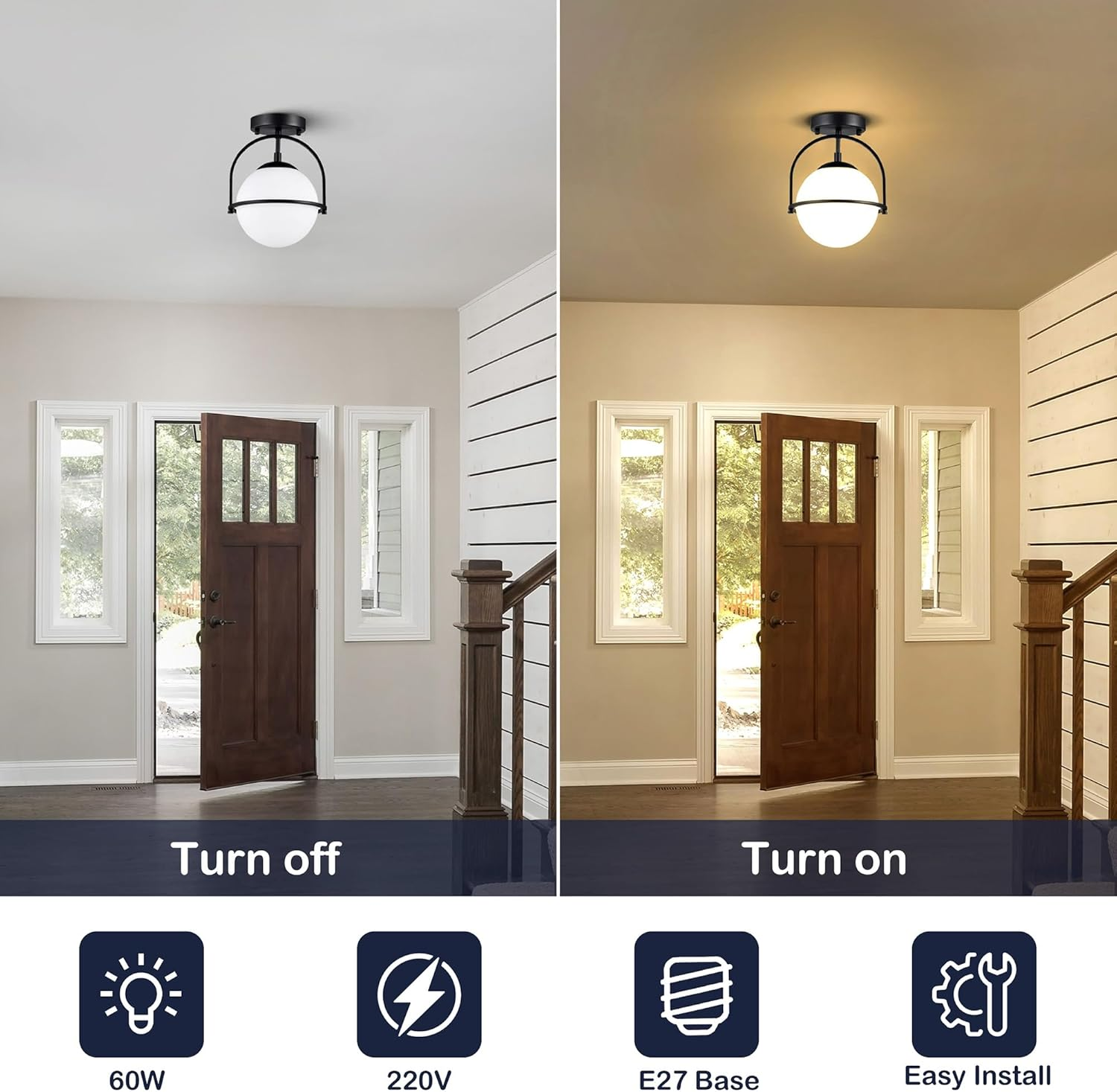 Black Ceiling Lights 18Cm Frosted Glass Globe Mid Century Semi Flush Mount Modern Ceiling Light Fixtures for Bedroom Hallway Entryway Bathroom E27 220V image number 3