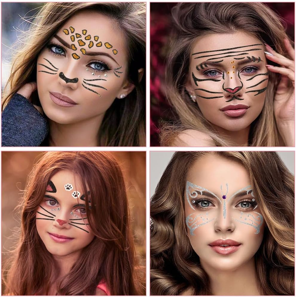 Alaoo Face Tattoo Carnival, Face Art Sticker Leopards, Temporary Tattoos, Tattoo Face, Glitter Stones Face Make-Up, Removable Glitter Face Stickers for Halloween, Theme Party - Butterfly image number 3