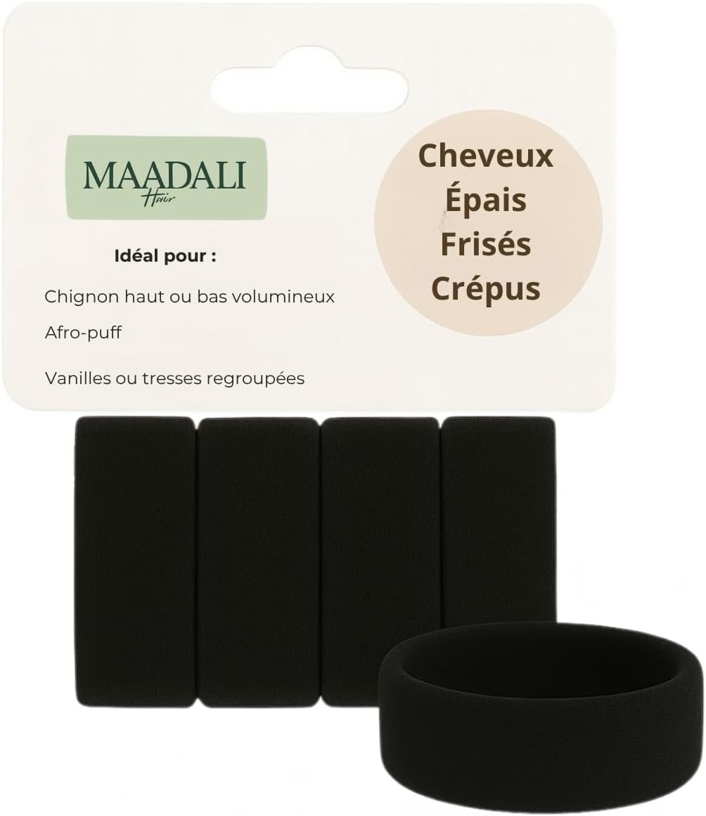 Maadali Extra Large Hair Bobbles for Frizzy, Curly, Thick Hair, 4 Pieces, 4.5 Cm Diameter, 5.5 Mm Thick, Strong and Comfortable Hold without Marks - Black Rubber Bands - Hair Accessories image number 3