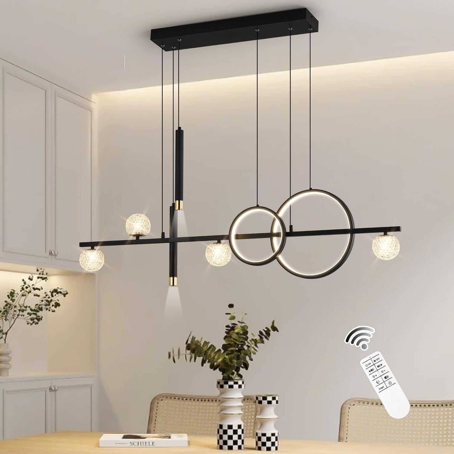 ORANOOR Modern LED Pendant Lights, Dimmable 47In Linear LED Chandelier Lighting, Upgraded Black & Gold Dining Room Hanging Light Fixtures Kitchen Island Globe Pendant Light for Dining Table (4200Lm) image number 3