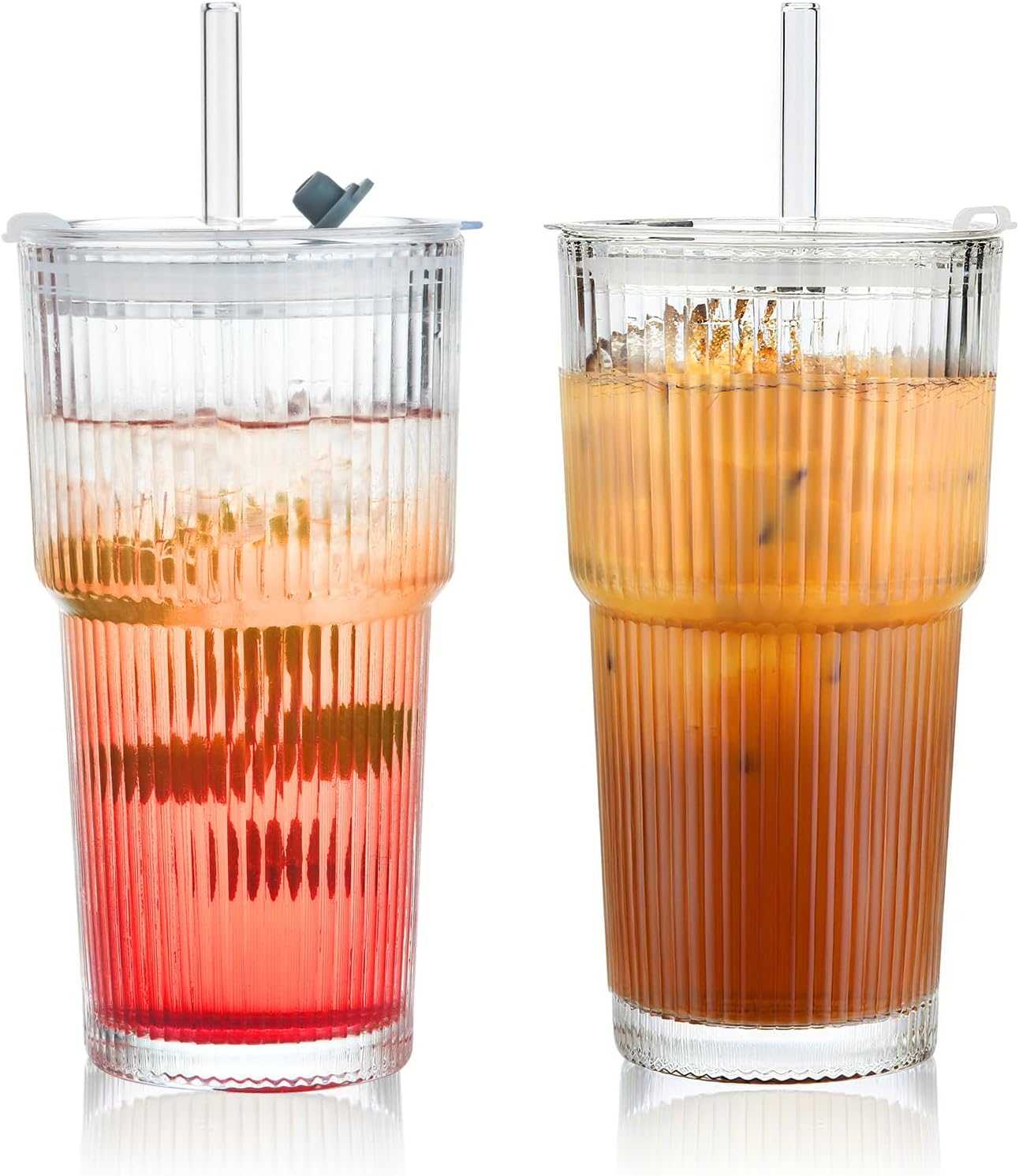 AUMA 20Oz Glass Tumblers with Lids and Straws, Set of 2 - Stylish Ribbed Design Drinking Glasses for Iced Coffee Cups, Juice, Smoothies, Cold Beverages, Includes Cleaning Brush, Durable Glassware image number 2