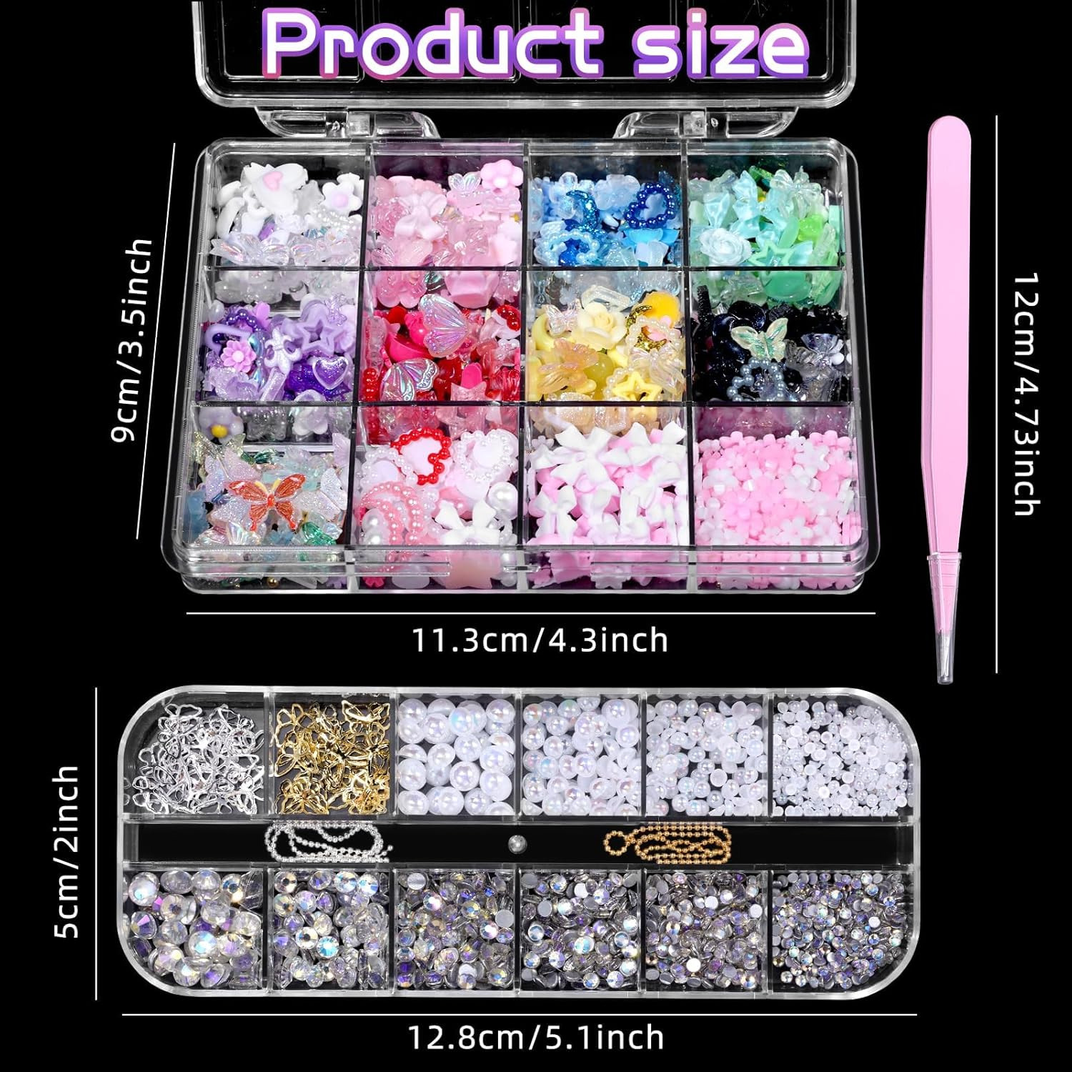 3D Nail Charms Set, Color Butterfly Blossom Flower Bow Moon Heart Star Nail Art Charms, Half round Pearl+Flatback Gems Ab+Hollow Butterfly Alloy Nail Charms DIY Nail Art Supplies Accessories image number 5