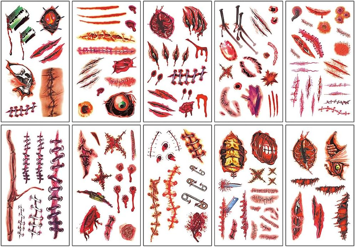 Halloween Temporary Tattoos for Women Men Adults Halloween Realistic Fake Scars Wound Tattoo Stickers Halloween Props for Halloween Makeup Halloween Themed Cosplay Party Accessories image number 2