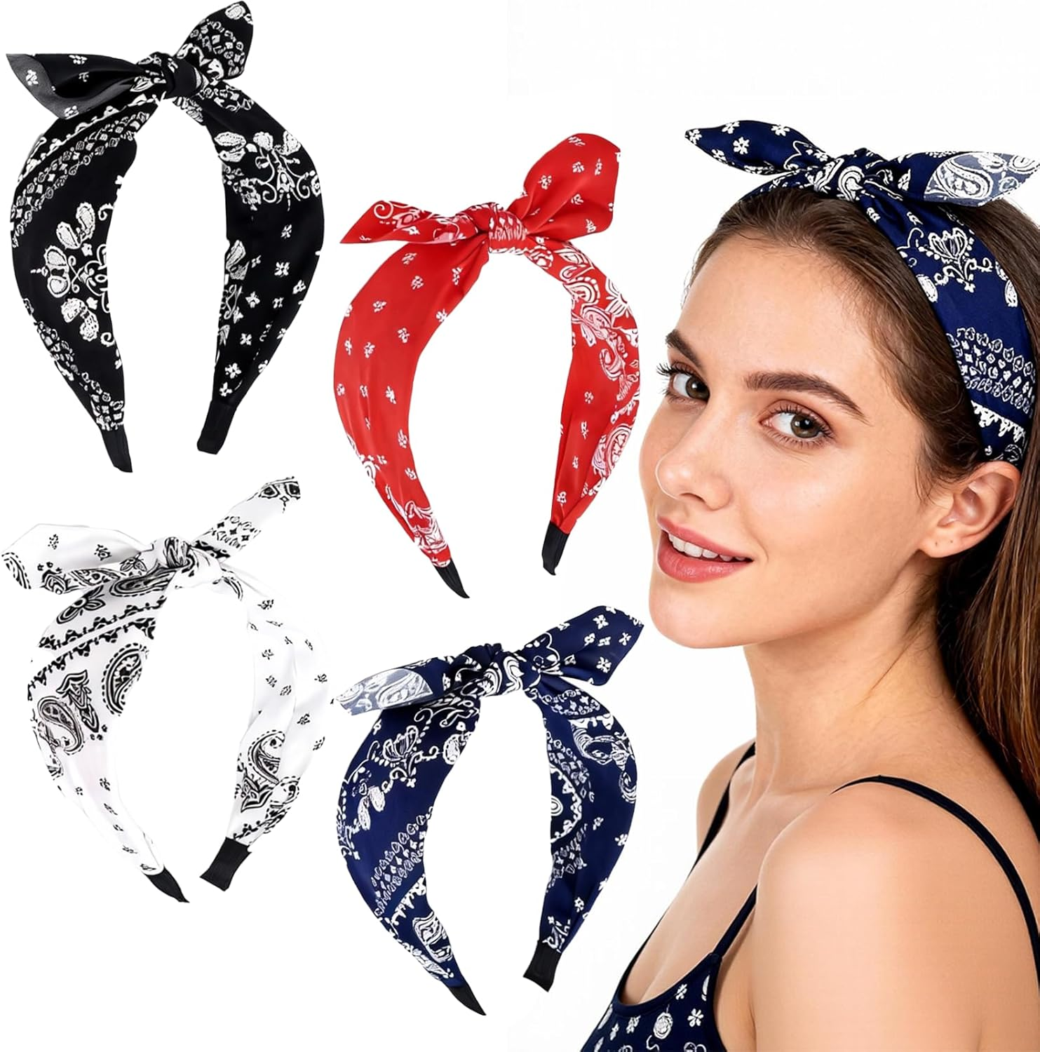 Pack of 4 Rockabilly Wide Headband, Paisley Women'S Vintage Hair Band with Bow, Non-Slip Rockabilly Hair Accessories Headpiece for Girls Women image number 3