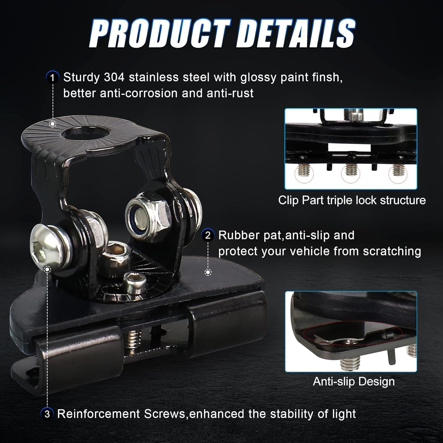 LED Light Mounting Brackets Black No Drilling 304 Stainless Steel Adjustable Pillar Hood Light Mount Bracket Clamp Holder for Jeep off Road Vehicle Trucks SUV 2Pack image number 6