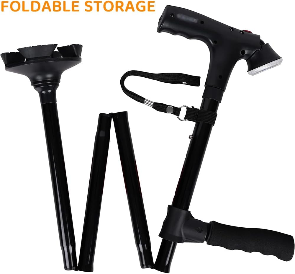 Folding Walking Cane with LED Light & Alarm &ndash; Adjustable Lightweight Travel Cane with 360&deg; Pivot Base and Ergonomic T-Handle for Seniors & Adults Hiking Mountain image number 6