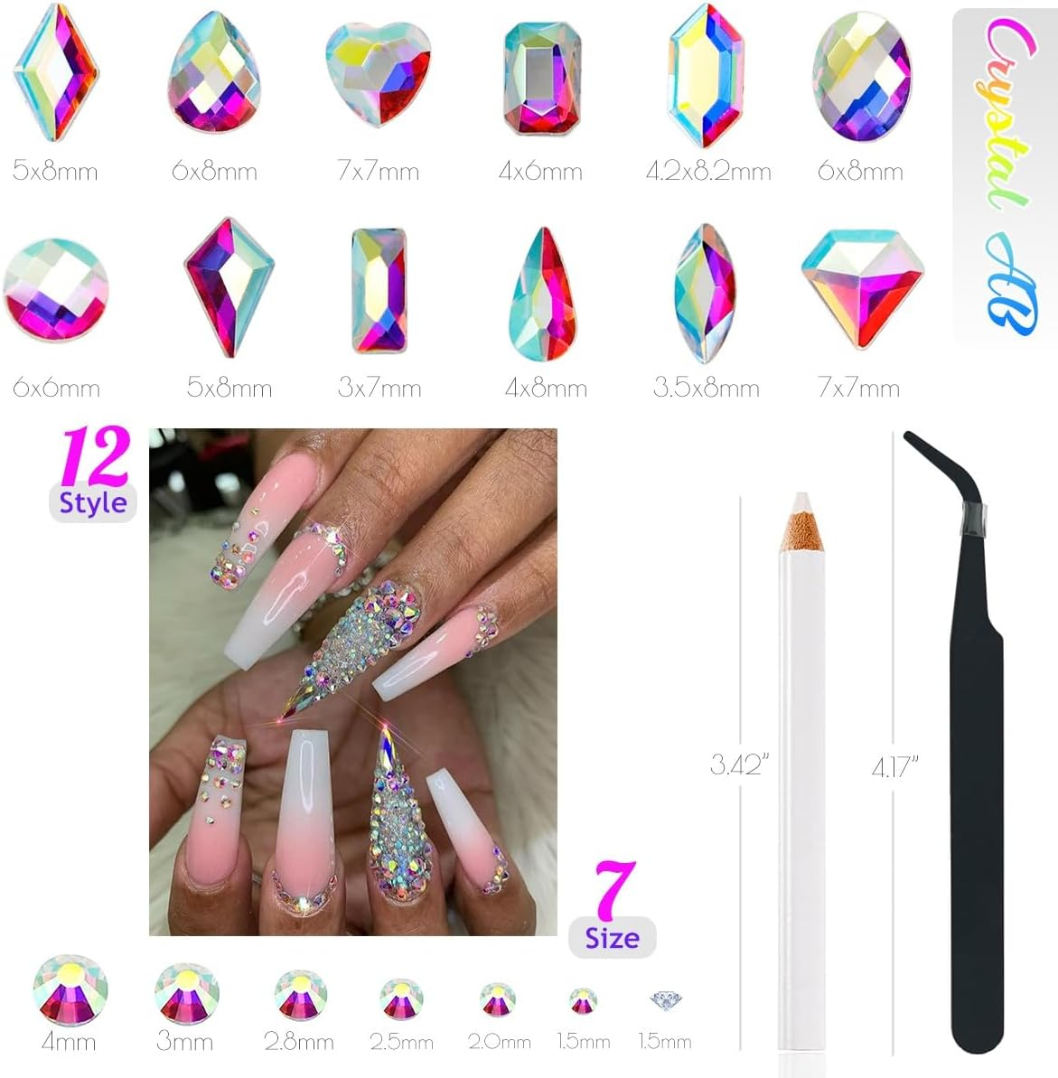 Qiipii 4080Pcs Crystal AB Nail Rhinestones AB Flatback Rhinestones for Nails Nail Art Gems round Beads K9 Glass Stones Diamonds Jewels Nail Charms Supplies for Nail Face Eyes Makeup Clothes DIY Crafts image number 3