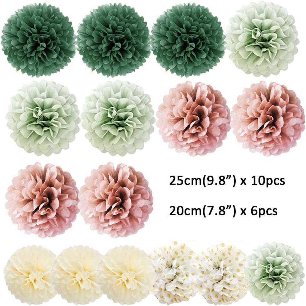 16Pcs Dusty Rose Olive Sage Green Tissue Paper Pom Poms Flowers Sage Green Dusty Pink Party Decorations for Bridal Shower Baby Shower Rustic Wedding Birthday Engagement Party Decorations image number 5