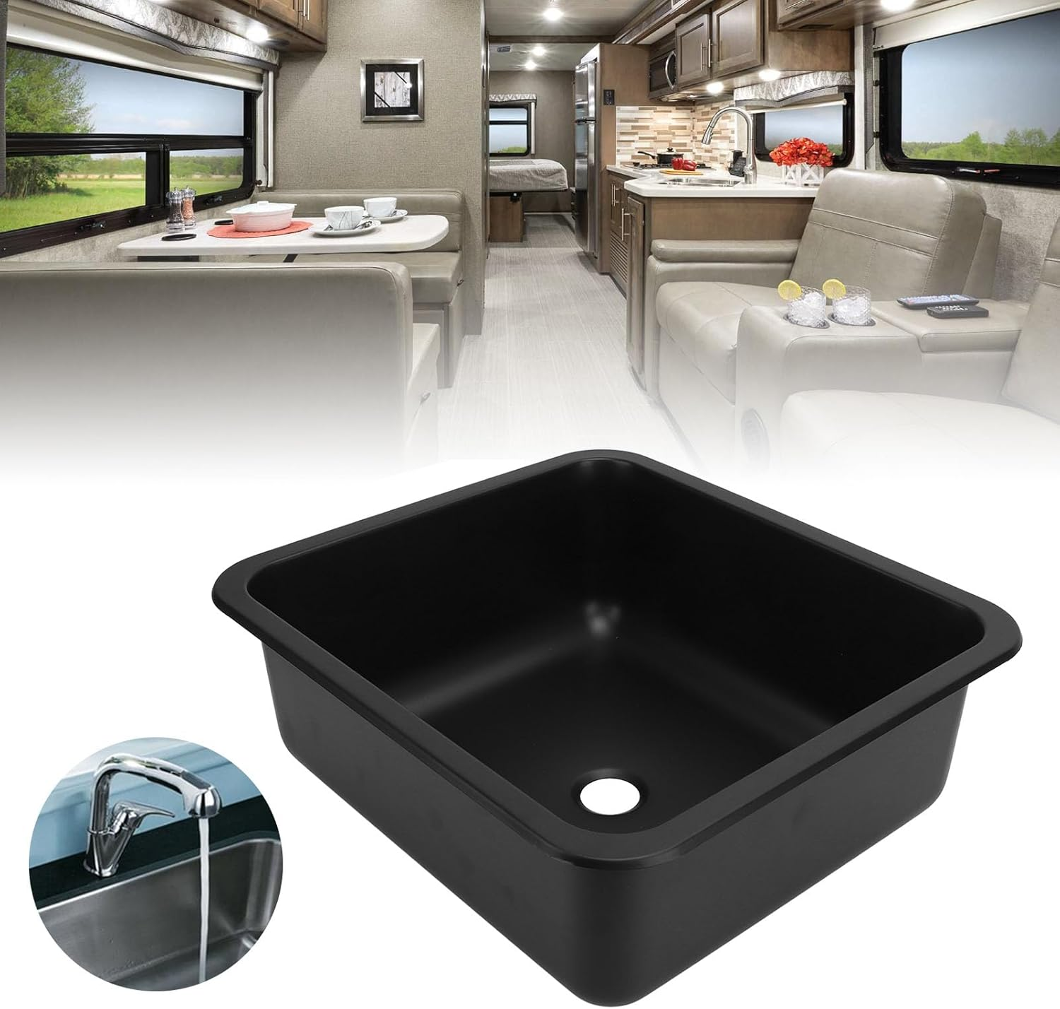 RV Sink, Stainless Steel Large Capacity Rectangular Kitchen Wash Sink for RV Motorhome Boat, Camper Yacht, Embedded Installation Single Bowl Kitchen Sinks (Spraying Plastics Black) image number 1