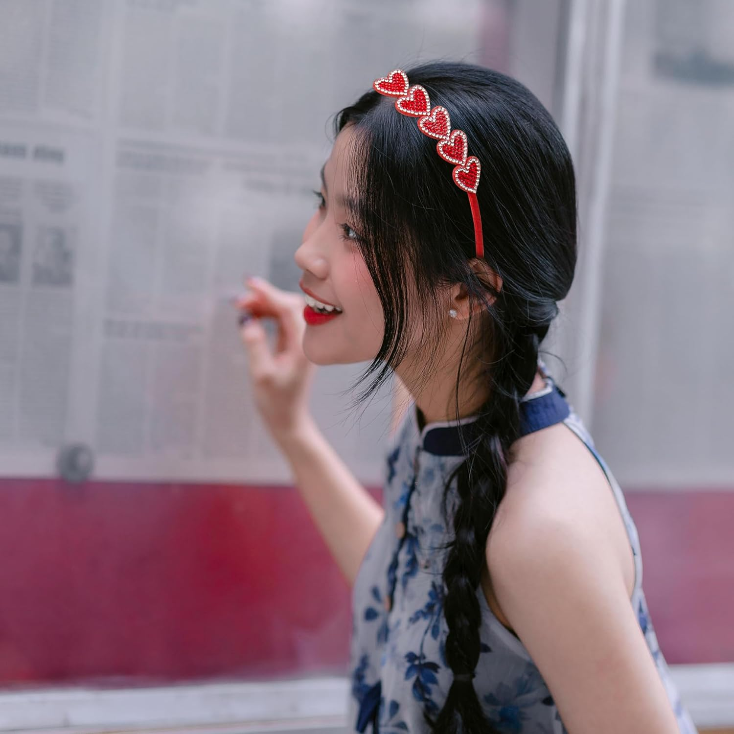 Red Sequin Heart Headbands, Pearl Heart Headband Glitter Love Heart Sequins Headband Pearl Hair Accessories for Valentine'S Day Wedding Birthday - Pink image number 5