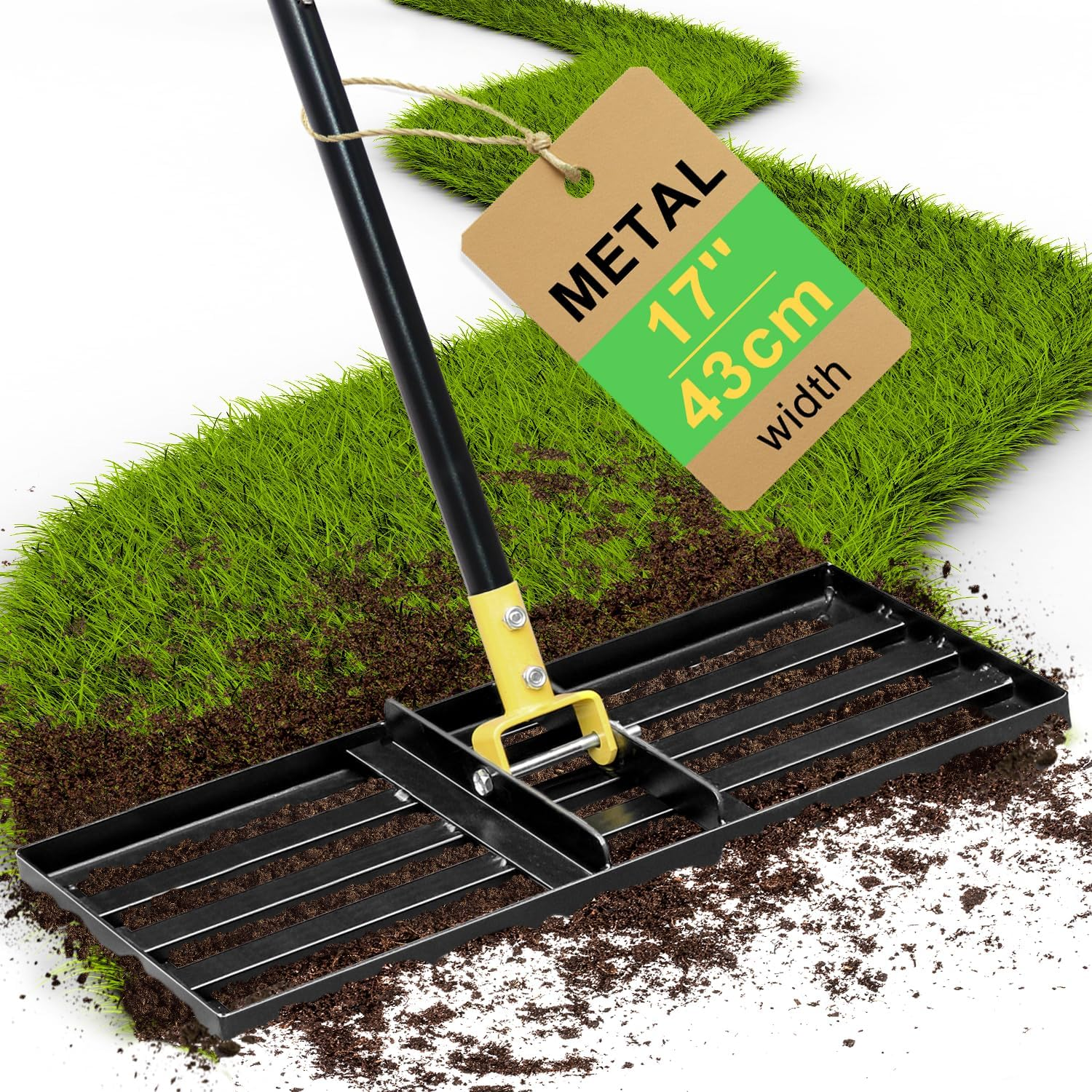 Colwelt Lawn Leveling Rake17 X10, Lawn Leveler Rake with Great Leveling Accuracy, Leveling Rake for Soil with 77&rsquo;&rsquo; Adjustable Curved End Grip Handle, Lawn Leveling Tool Yard Leveler for Leveling Soil