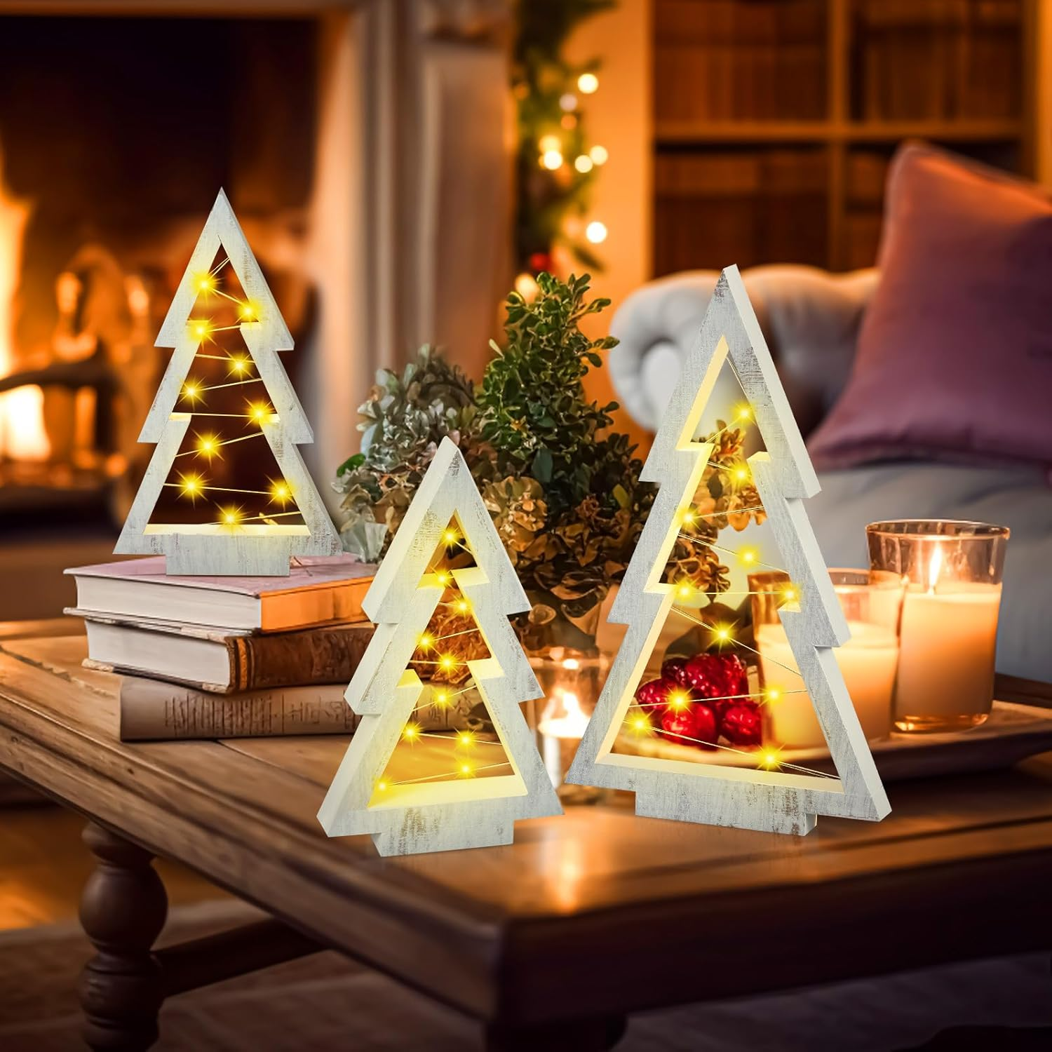 3 Pcs LED Wooden Christmas Tree Tabletop Decoration Rustic Xmas Tree Table Centerpieces with Light Farmhouse Standing Christmas Tree Christmas Tiered Tray Decor for Fireplace Home Party image number 4