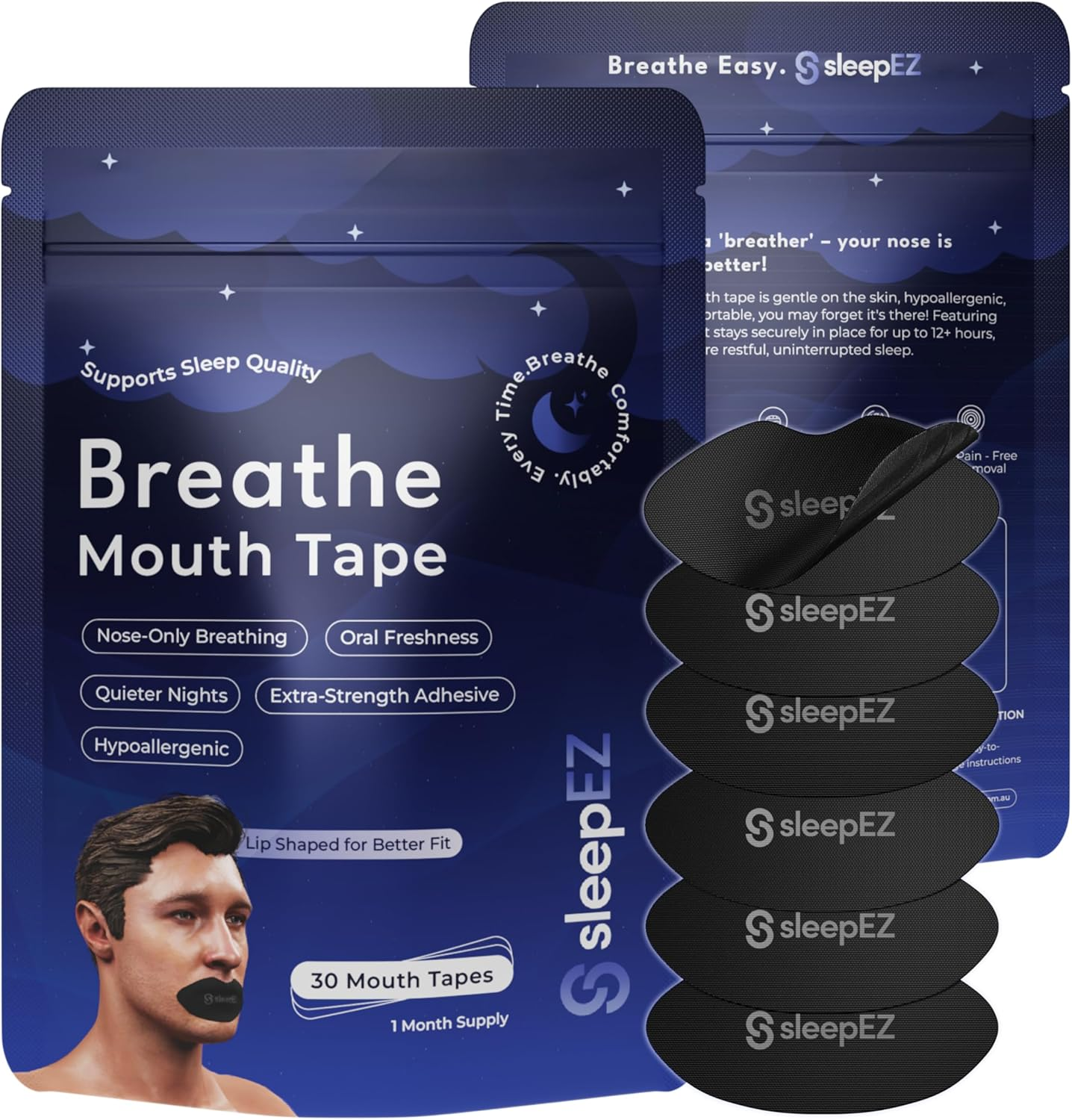 Sleepez Breathe Mouth Tape for Sleeping - 30-Pack | 100% Hypoallergenic Lip-Shaped Sleep Tape for Nasal Breathing & Snoring Relief | Extra-Strength Adhesive & Pain-Free Removal | Supports Oral Health, REM Sleep & Anti-Snore | Black | 1-Month Supply image number 3