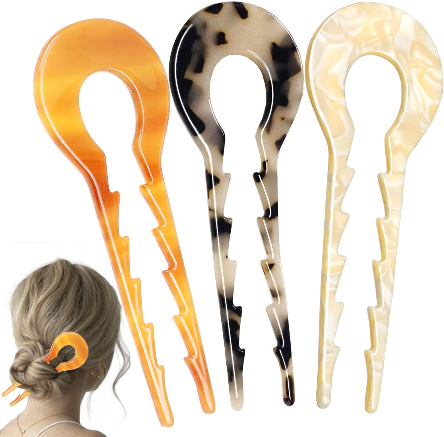 LAPOHI 5.3 Inch 3 PCS Large U Shaped French Hair Pins, Acetate French Hair Sticks Forks for Vintage Hair Updos Buns Thick Hair(Amber Gradient&Tortoise Shell&Creamy Yellow)