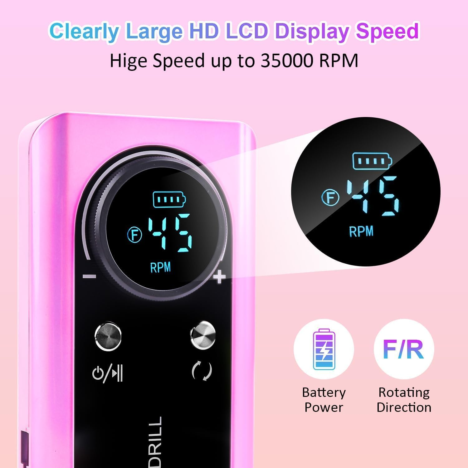 Portable Electric Nail Drill LEDSUUEI: 45000 RPM Nail Drill Professional Electric Nail File Machine for Acrylic Nails Gel Polishing Removing, Manicure Salon Home,Pink image number 3