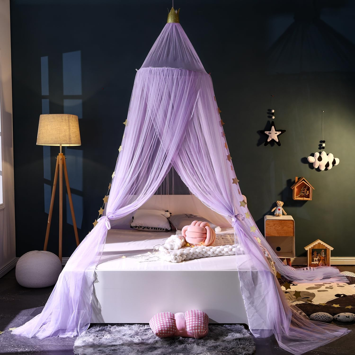 Crown Bed Canopy Mosquito Net with round Dome, Curtain Court Canopy with Stars Decor for Baby Crib, Kid Bed, Play Tent, Children Reading Nook Canopies Indoor, Hanging Bed Net Decoration (White)