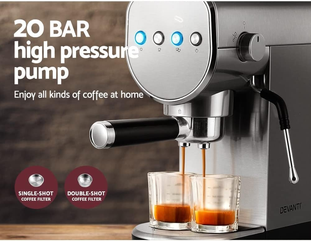 Devanti Coffee Machine, 20 Bar Barista Express Espresso Maker Pod Cafe Cup Latte Cappuccino Milk Frother Machines, with Powerful Pressure Pump Removable Drip Tray and Water Tank Stainless Steel image number 3