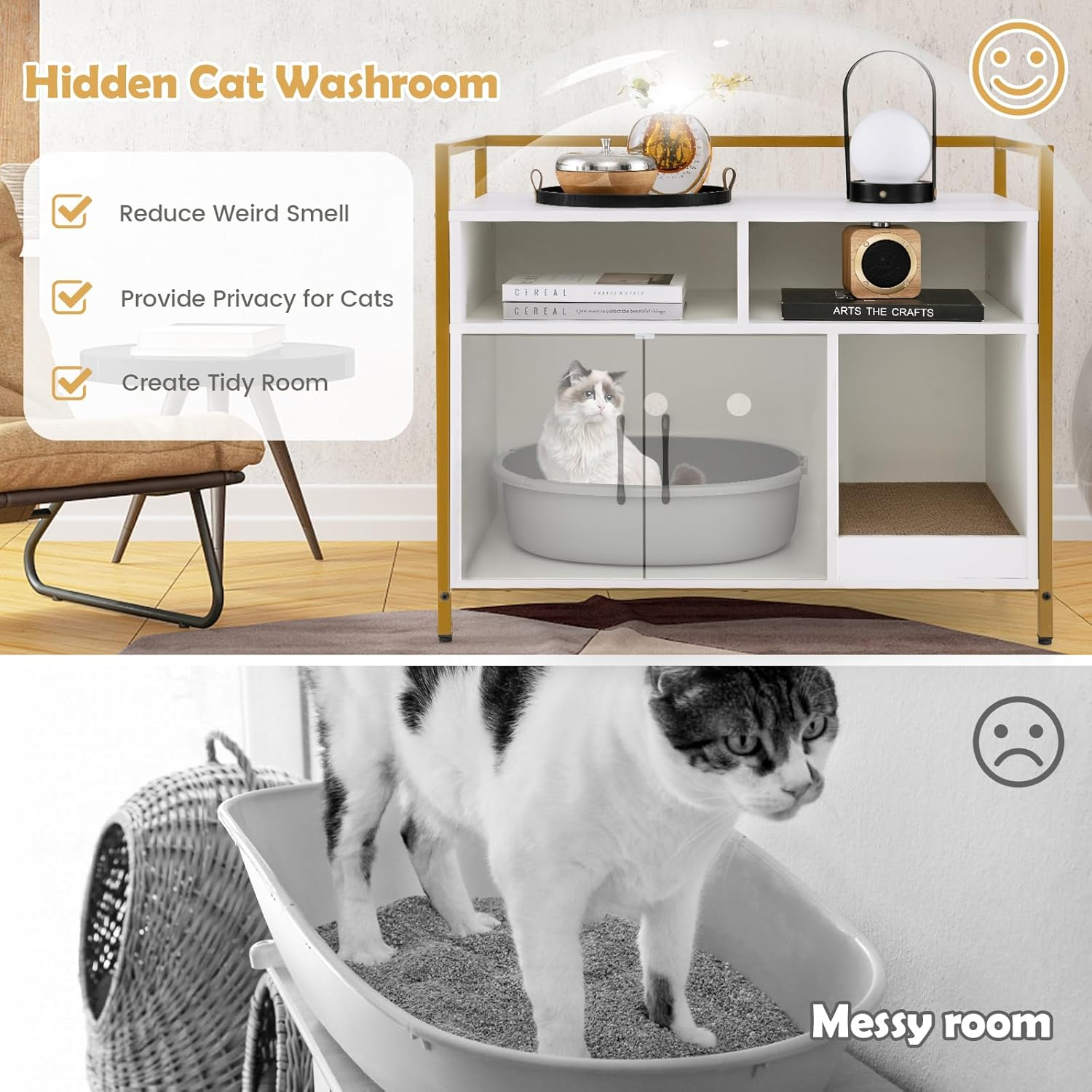 Costway Cat Litter Box Enclosure, Hidden Washroom with Storage & Scratch Pad, Indoor Pet Crate W/Golden Metal Frame, Modern Furniture for Bedroom, Living Room, White,(Pv10054Wh-Costway) - Coffee image number 6