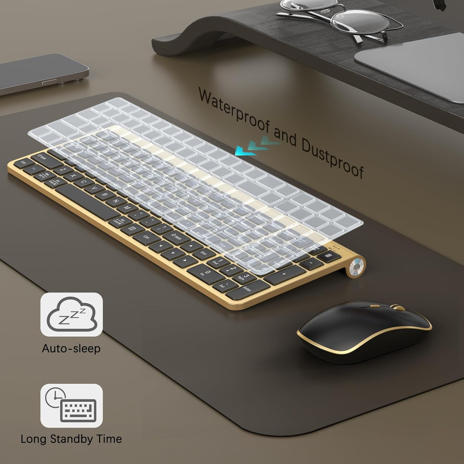 JOYACCESS Black Gold Wireless Keyboard Mouse,Ergonomic Cordless Keyboard with Phone Holder and Wrist Rest, Comfortable and Quiet Wireless Keyboard and Mouse for Laptop,Computer,Pc image number 3