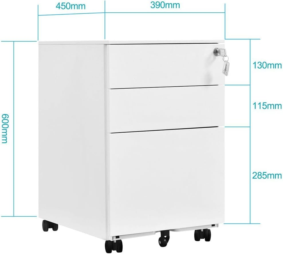 Steel File Cabinet 3 Drawers Metal Office under Desk Document Storage Furniture White Vertical Locking Mobile Filing Organiser Unit on 5 Wheels image number 6