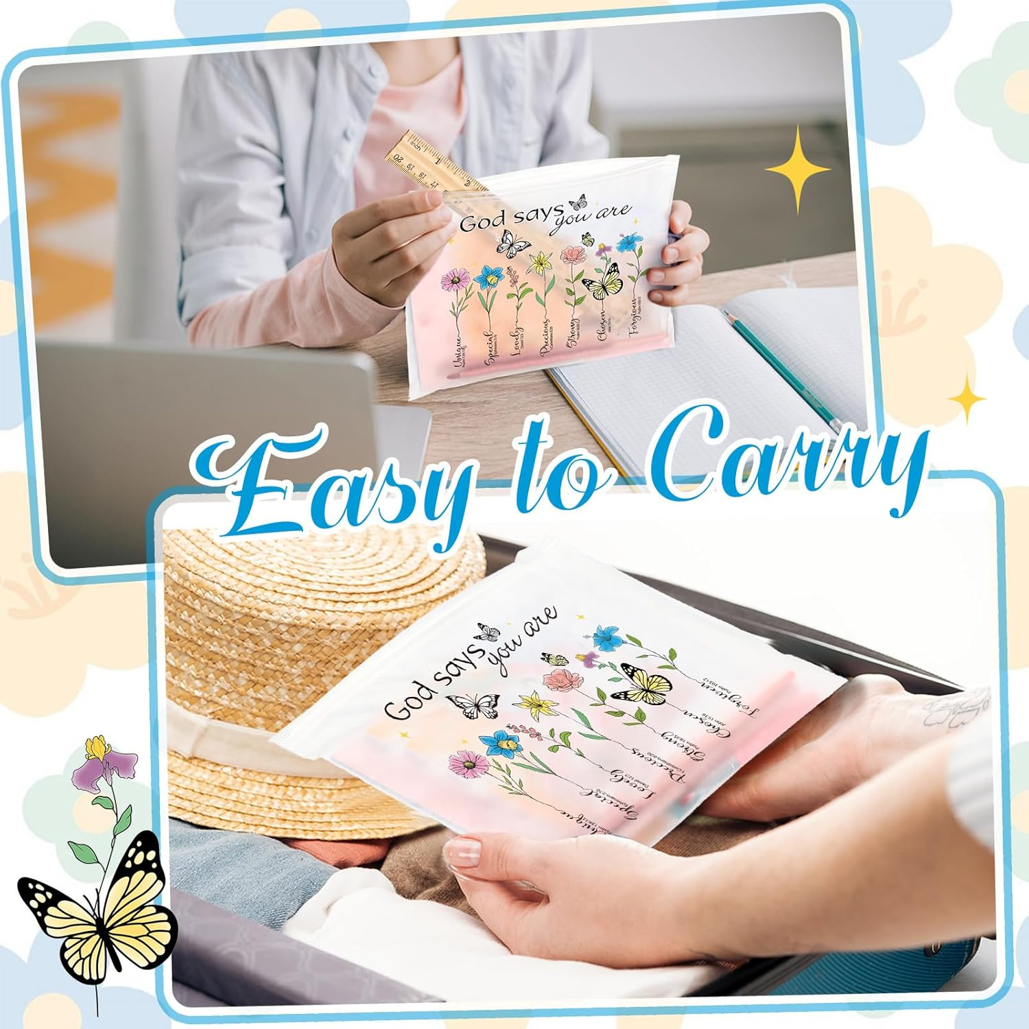 Wesiti 50 Pcs Rainbow Cosmetic Bag Inspirational Gifts Motivational Quotes Makeup Bag Bulk Waterproof Zippered Pouch for Women Girl Teacher Christmas Gift, Multicolor, God Says You Are image number 5