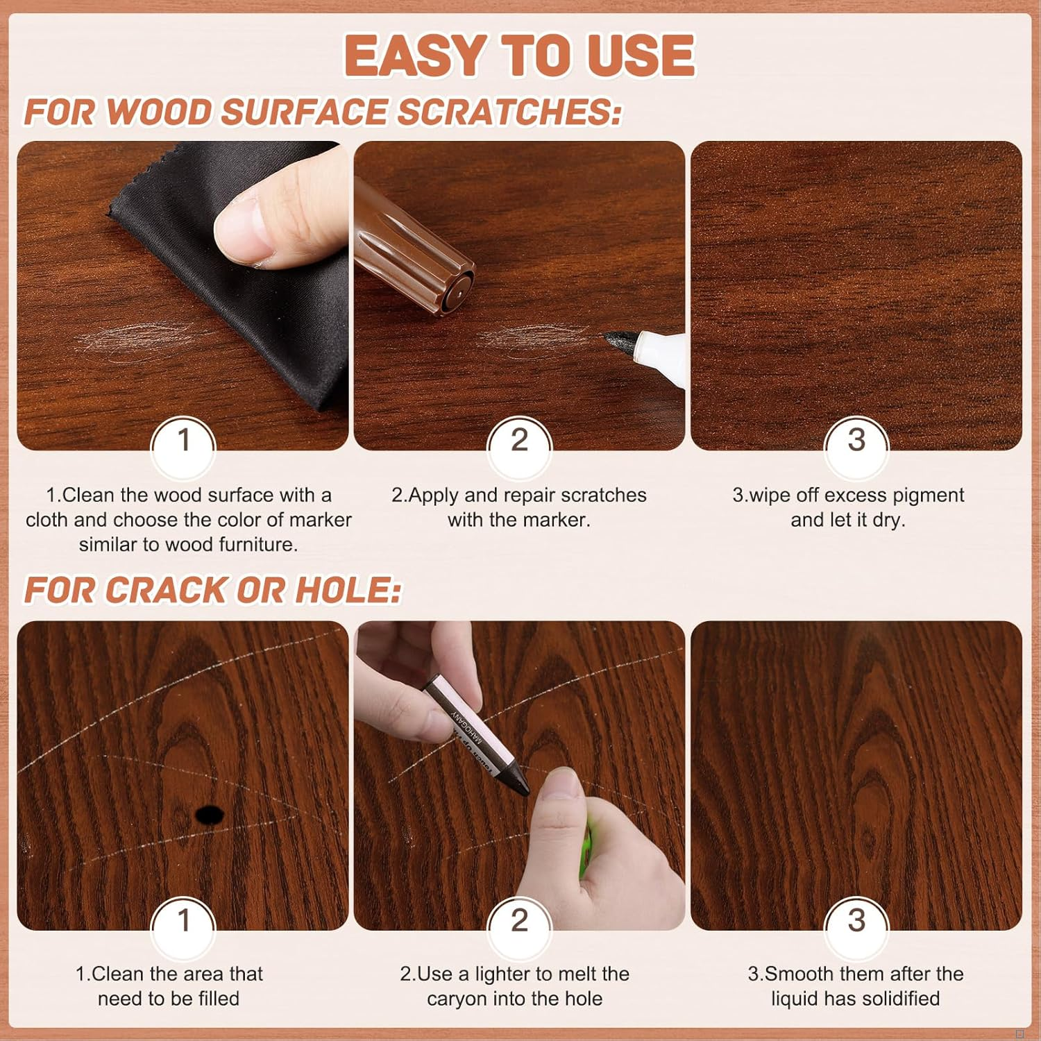 SEISSO 18 Colors Wood Filler Sticks ＆ Wood Markers Furniture Repair Kit - Set of 39 - Wood Floor Scratch Repair, Furniture Markers Touch up Restore Wood Floors, Tables, Holes, Laminate, Carpenters image number 5