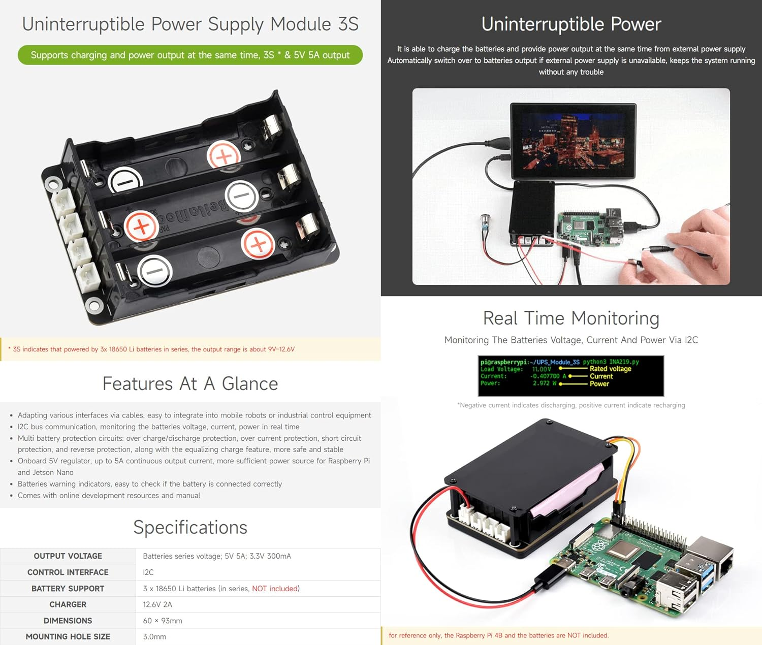 Waveshare Uninterruptible Power Supply (UPS) Module, Supports Charging and Power Output at the Same Time, 3S & 5V 5A Output, Compatible with Raspberry Pi Board image number 5