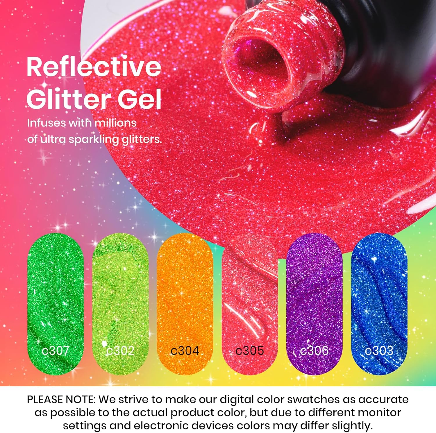Beetles Gel Polish Reflective Glitter Gel Polish Set 6 Colors Neon Gel Nail Polish Set Nails Gel Orange Hot Pink Purple Gel Polish Soak off Uv Led Gel Nail Kit Nails Nail Art Manicure Women Pink