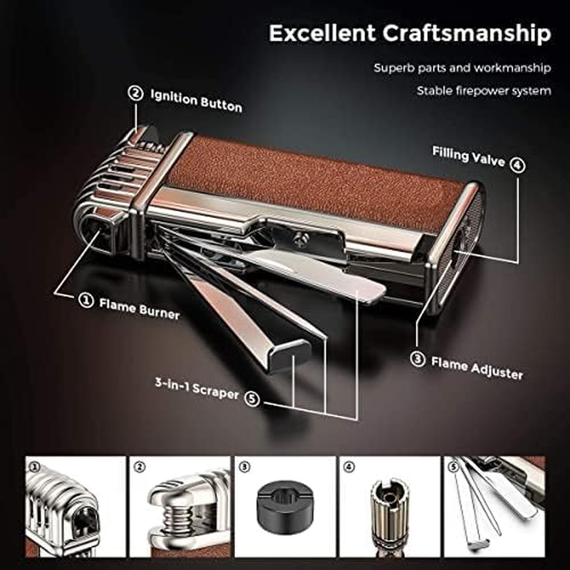 Windproof Cigar Lighter with Metal Tools Angled Soft Flame Butane Gas Refillable Lighters Gift Set for Men (Sold without Gas) image number 3