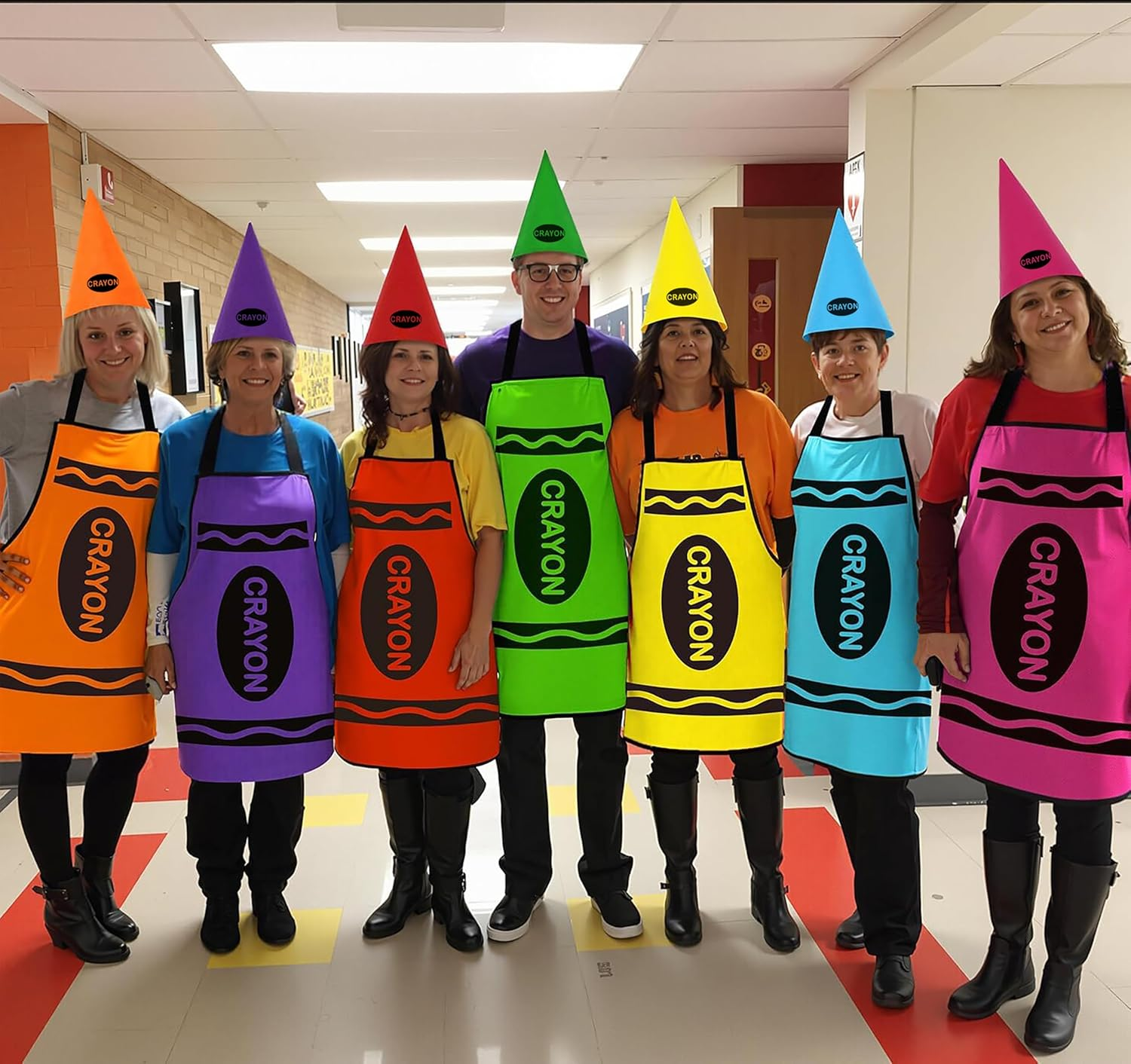 COSOUKE 7 Pack Crayon Costume Halloween Book Week Costumes Adult Waterproof Funny Apron Cosplay with Hat for Family Teacher (7, Crayon Costume, Adult) image number 1