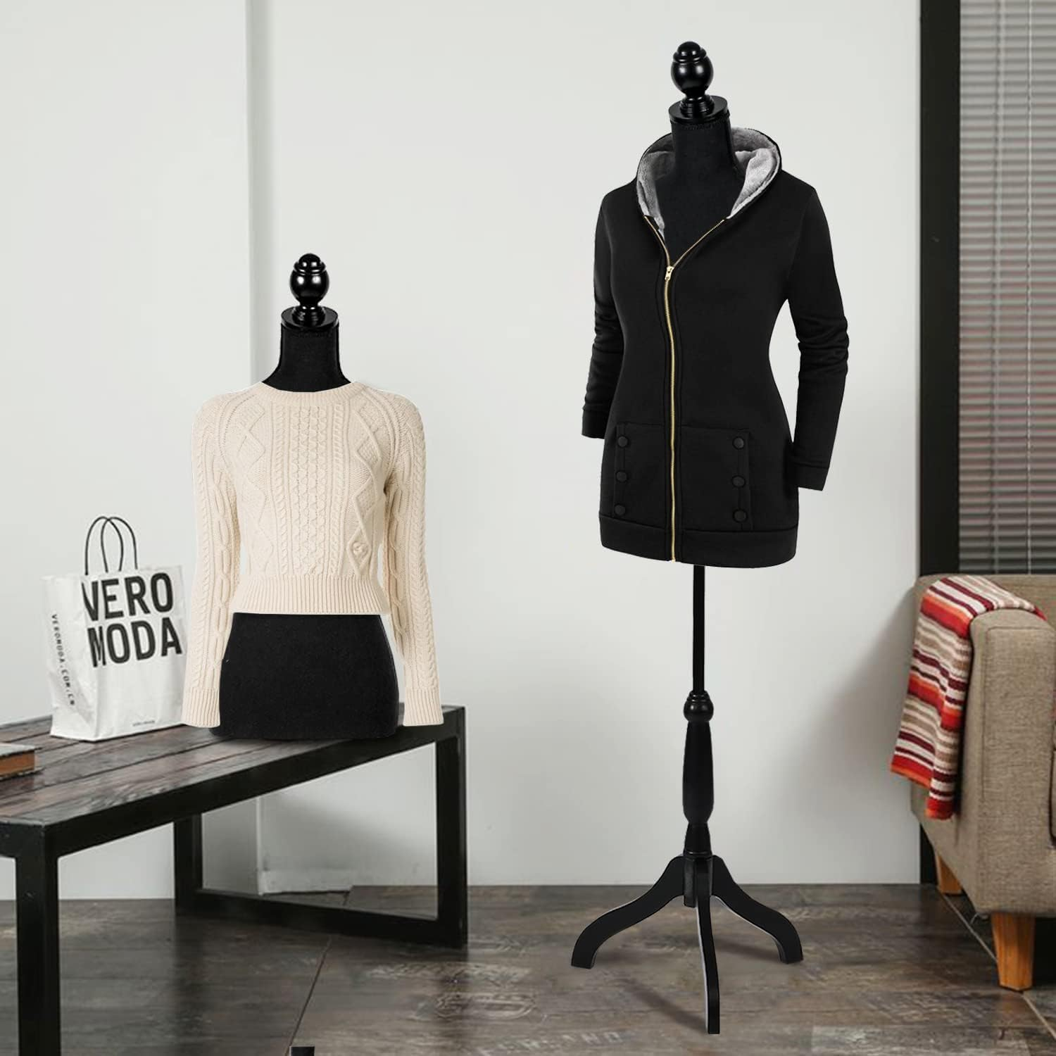 LIODUX Female Mannequins Torso Dress Form for Display Manikin Body Mannequin Stand, 150-170Cm Height Adjustable for Sewing Wooden Tripod Base, Foam Body (Black) image number 6