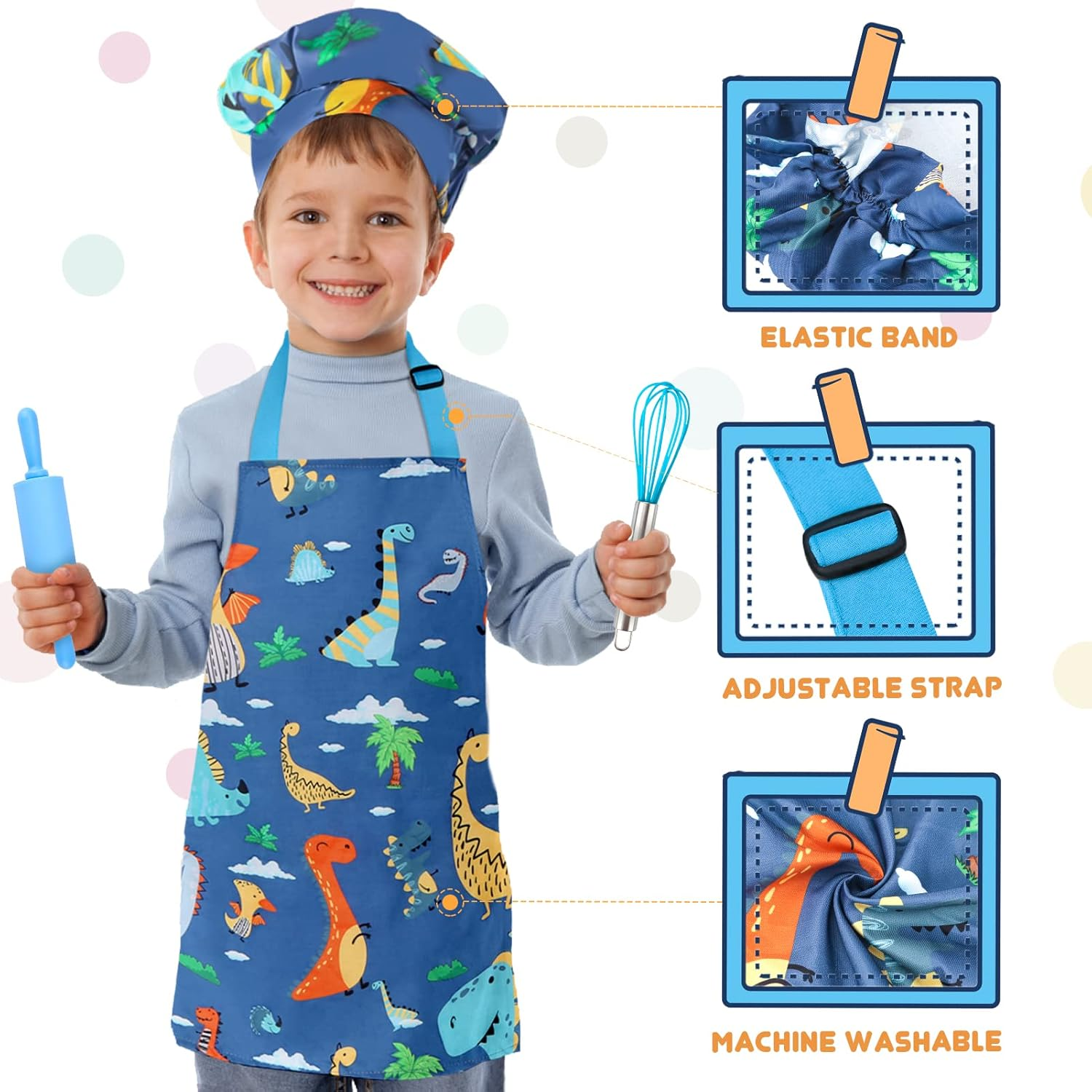 Aoskie Dinosaur Chef Toy Set, Kids Baking Set with Apron, Hat, Molds & Bags, Ages 3-8, Unisex image number 1