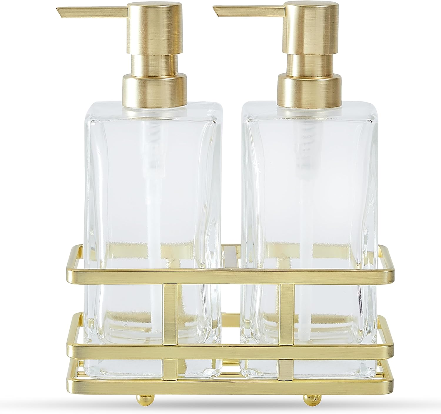 Square Glass Clear Lotion and Soap Pump Dispenser Set with Metal Stand Caddy for Bathroom Bath Kitchen Home Office Travel Hotel Hand Crafted Heavy Weight (Oil Rubbed Bronze)