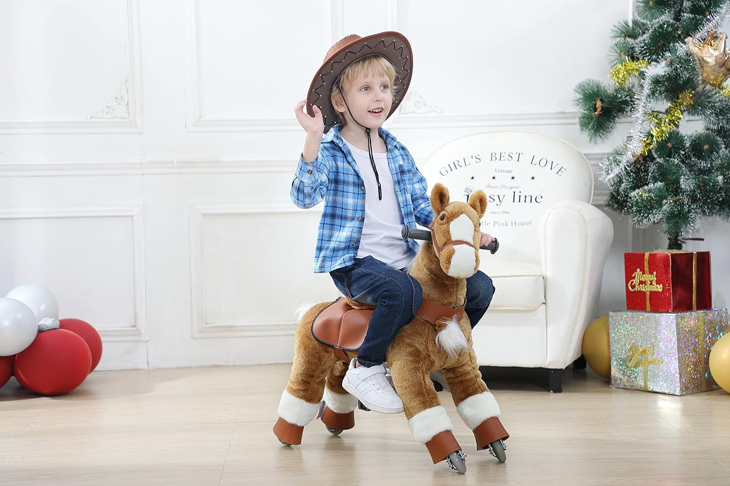 Ahatech Walking Horse Ride on Toy Plush Animal Brown Pony Small Medium Size for Ages 3-14 Years Rockin' Rider Coffee Stable Horse Ride on (Ages 3-6 Years, Brown) image number 5