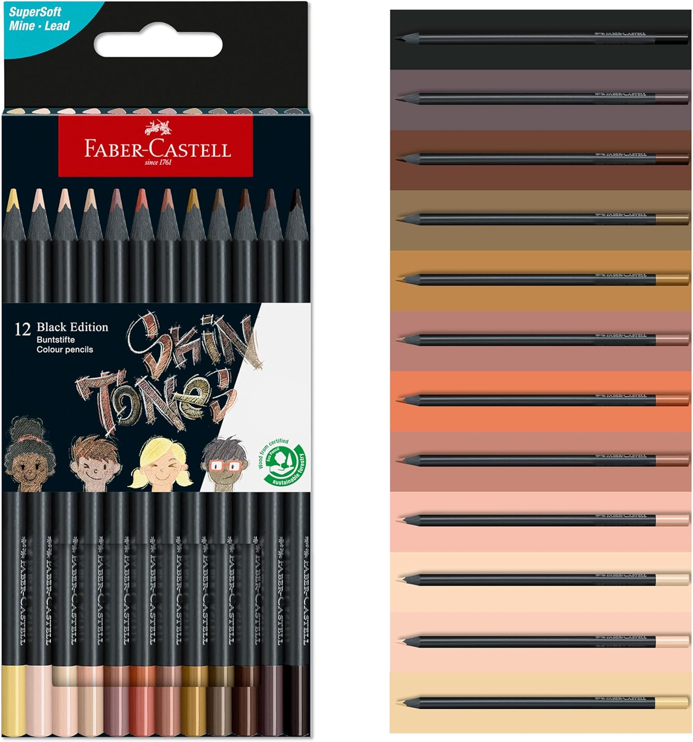 Faber-Castell 116414 Colouring Pencils Skin-Coloured Black Edition, Pack of 12, Shatterproof, Triangular, Skin Tones image number 6