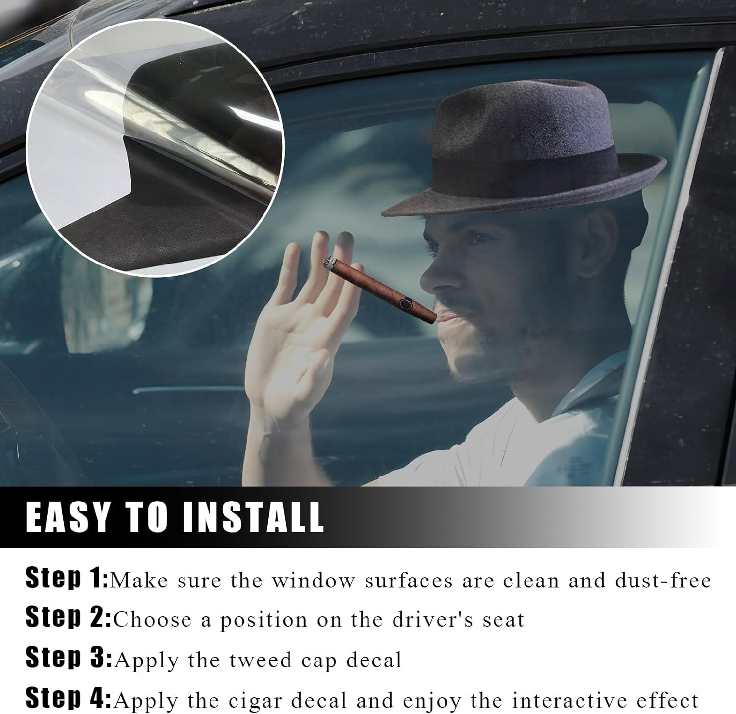 DXNQ Fedora and Cigar Window Decal, Funny Driving Fake with Hat and Cigar Car Stickers, Waterproof Driving Crooner Decals for Vehicle Window Windshield, Car Decor Accessories (Style A) image number 1