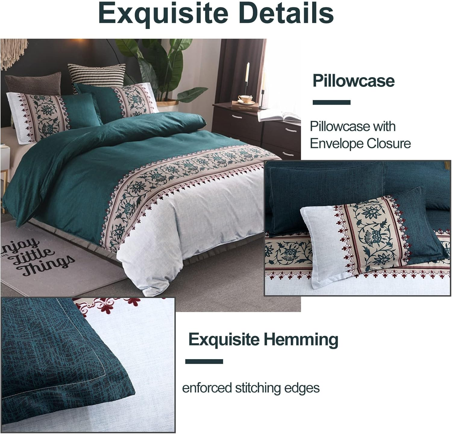 Green Duvet Cover Set King 3 Pieces Reversible Boho Printed Bedding Set Soft Microfiber Quilt Cover with 2 Pillowcases (Green/Beige, 230X220Cm) image number 6