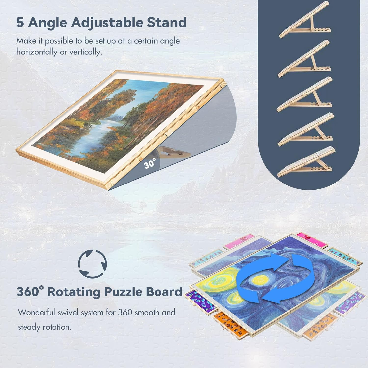 2-In-1 Tilting & Rotating Puzzle Board for 1500 Pieces Puzzle Tables for Adults with Drawers Wooden Jigsaw Puzzle Table with 5 Adjustable Angles, 4 Drawers, Non-Slip Felt Surface, Protective Cover image number 5