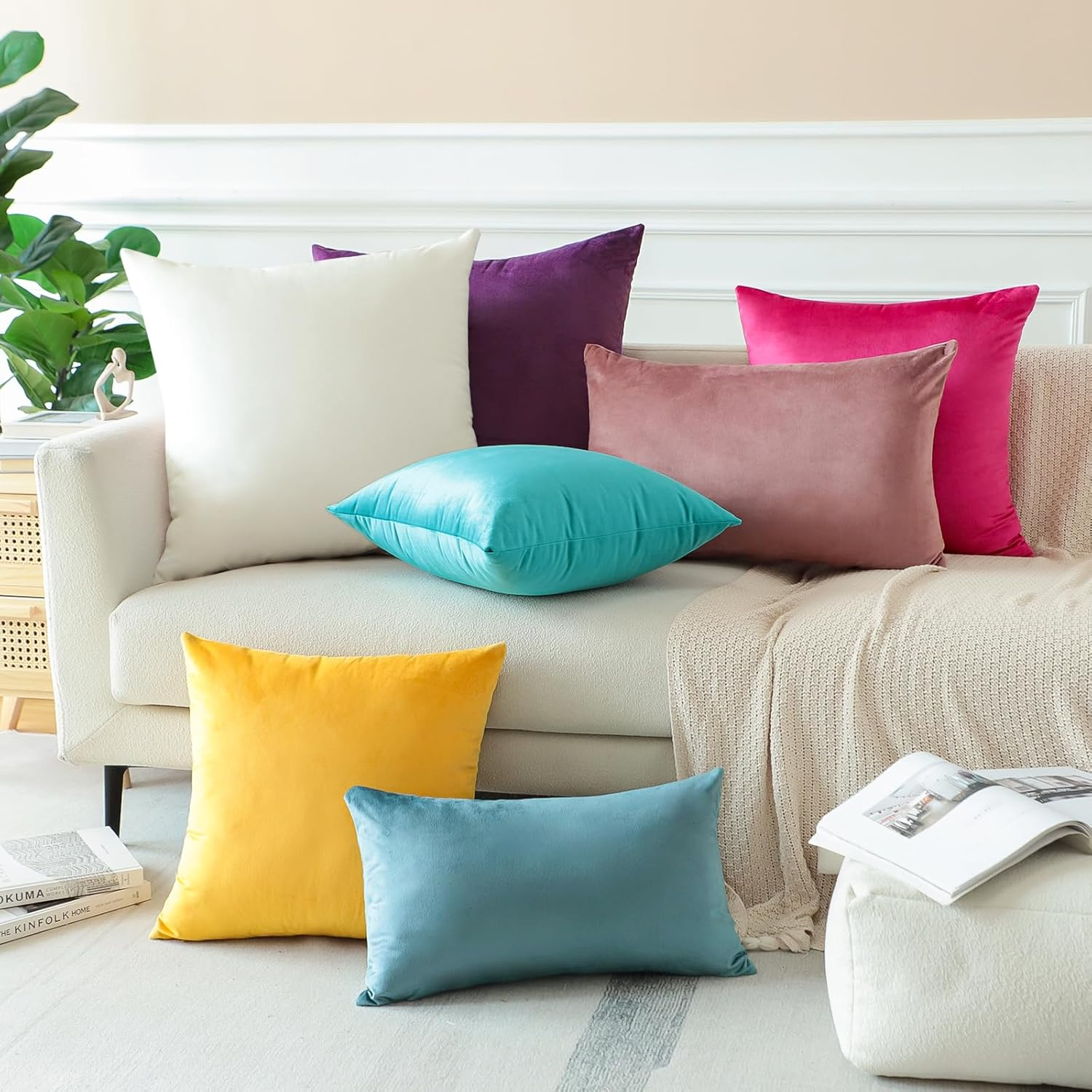 JOTOM Pack of 2 Velvet Soft Solid Cushion Covers 40X40 Cm 16X16 Inch Decorative Throw Pillow Square Case Home Decor Cases for Couch Sofa Living Room Bedroom (Cream White) (YLQXUK61) image number 6