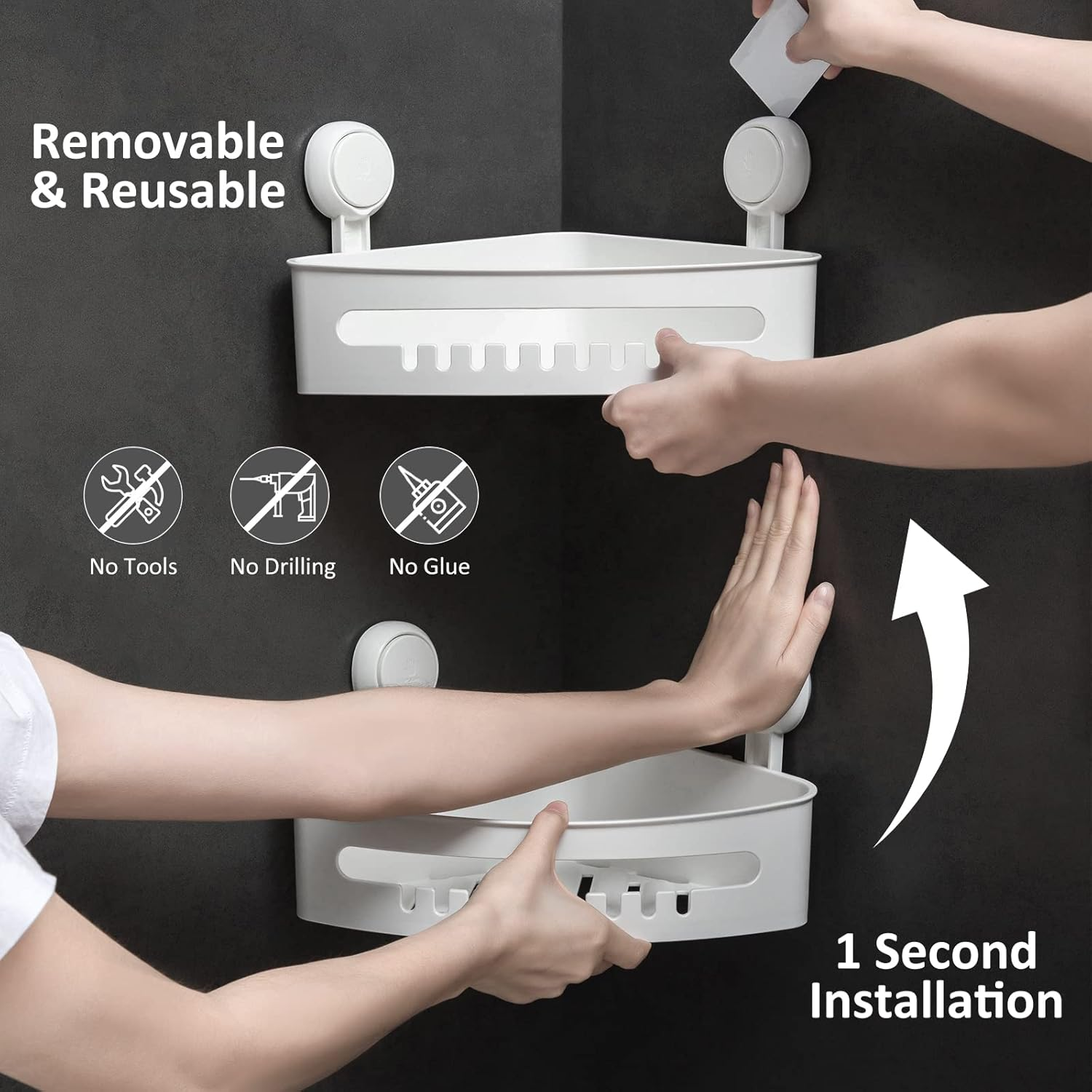 LEVERLOC Suction Cup Corner Shower Shelf - No Drilling, Removable Bath Shelf with Heavy Duty Hold, Waterproof & Oilproof White Shower Organizer Rack for Bathroom & Kitchen image number 2