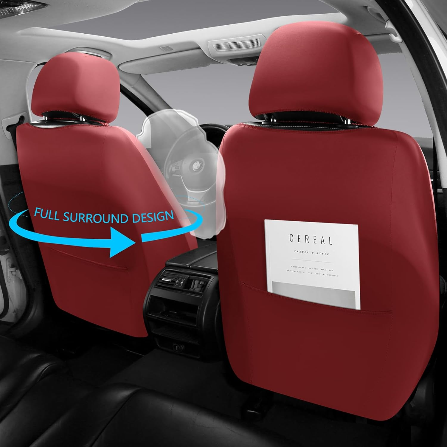 NS YOLO Full Coverage Leather Car Seat Covers Full Set,Waterproof Seat Covers for Cars,Suvs Pick-Up Truck, Car Seat Cushion,Car Seat Protector,Wine Red Seat Cover with 5 Seats image number 3
