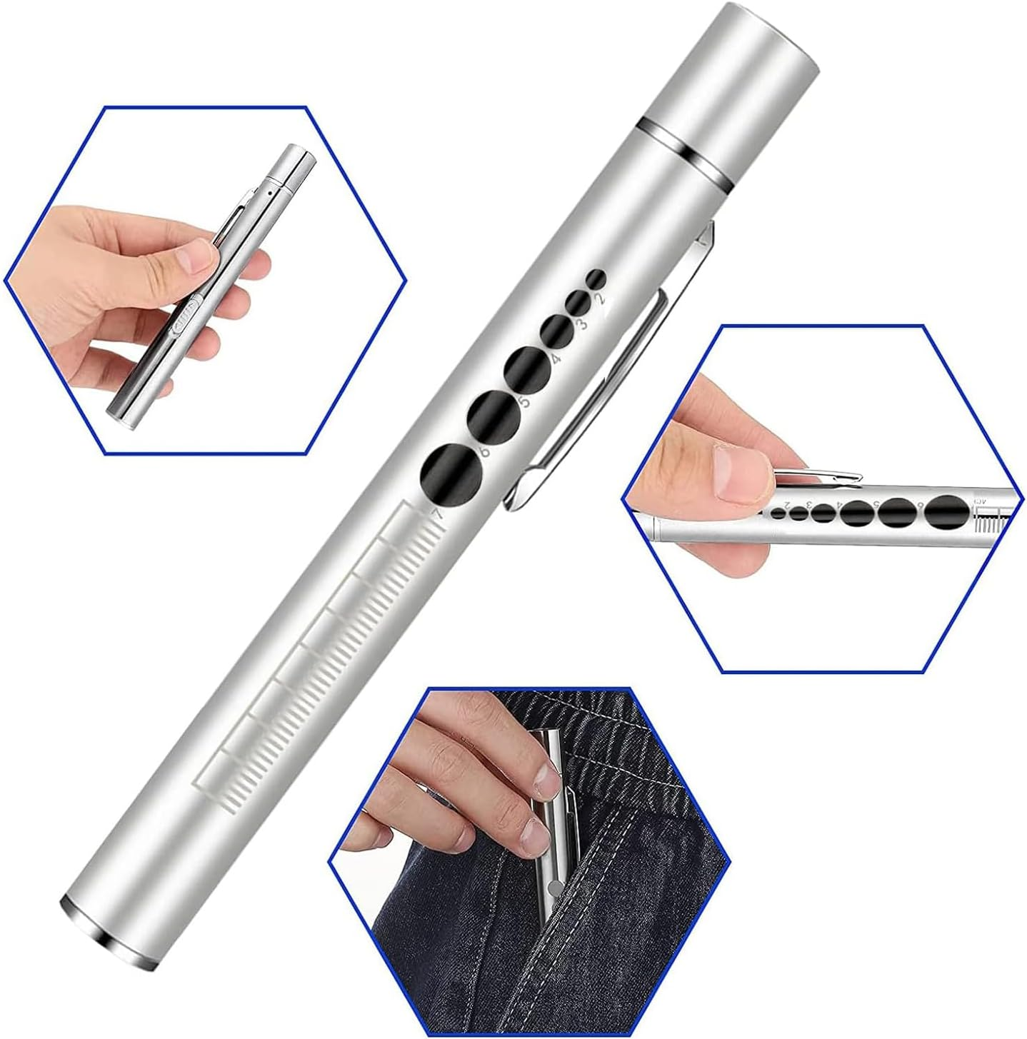 YUENTOEN Pen Light,Usb Rechargeable LED Flashlight with Pupil Gauge Stainless Steel Clip Dual Light Source for Home and Outdoor(Silver) image number 5